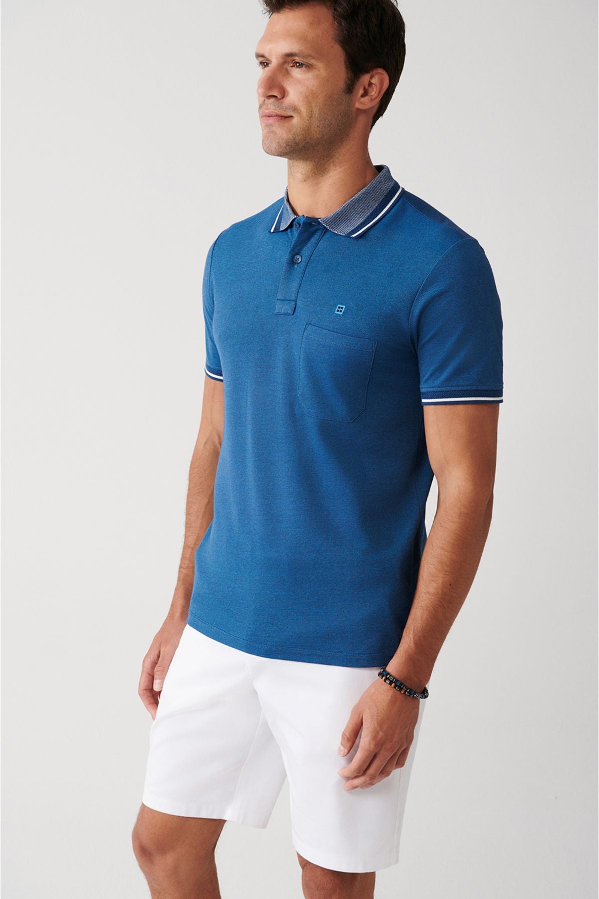 Men's Indigo Curlled Neck Pocket 2 Button Polo Yaka T-Shirt E001031