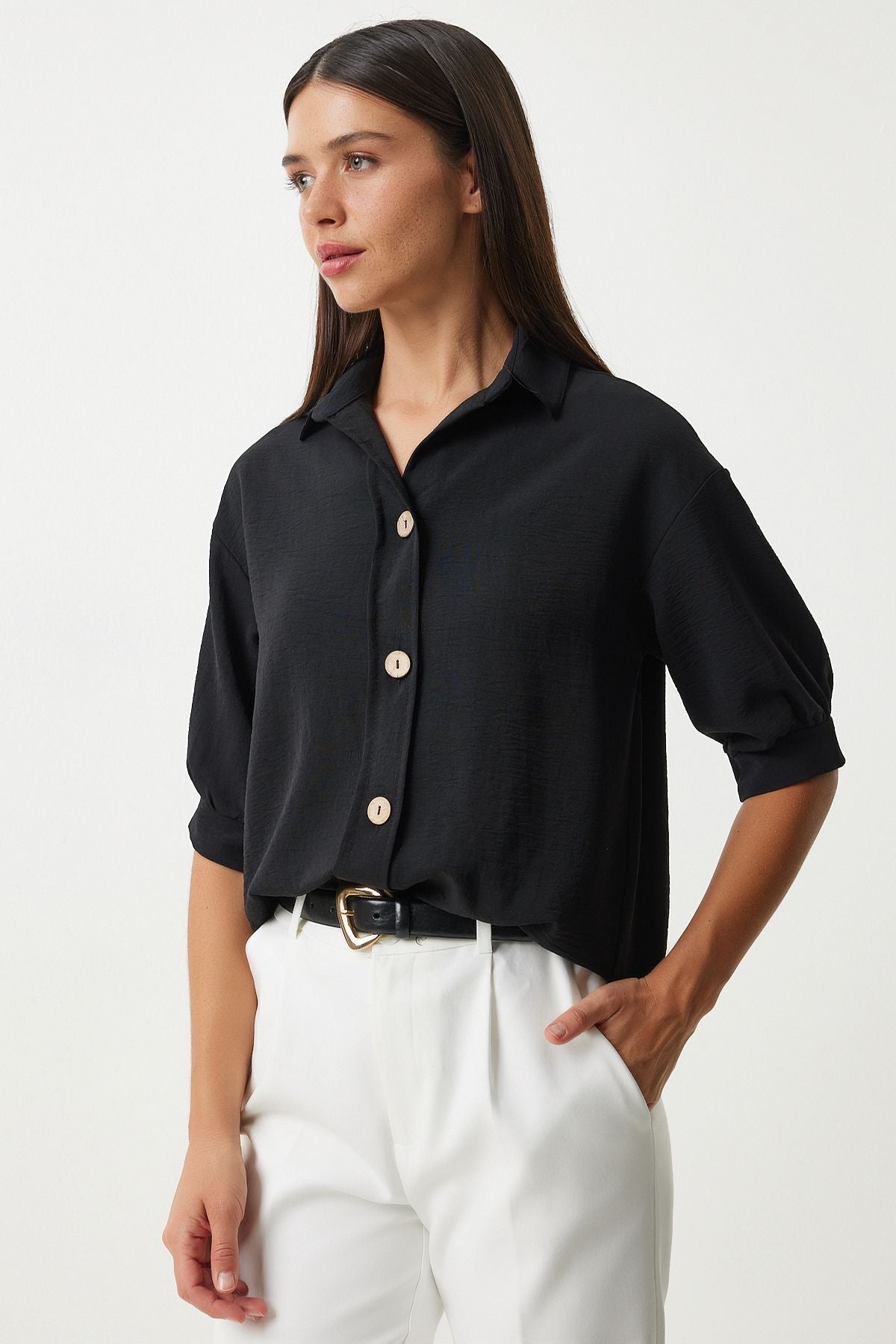 Female black balloon sleeve linen Ayrrin shirt DD01321