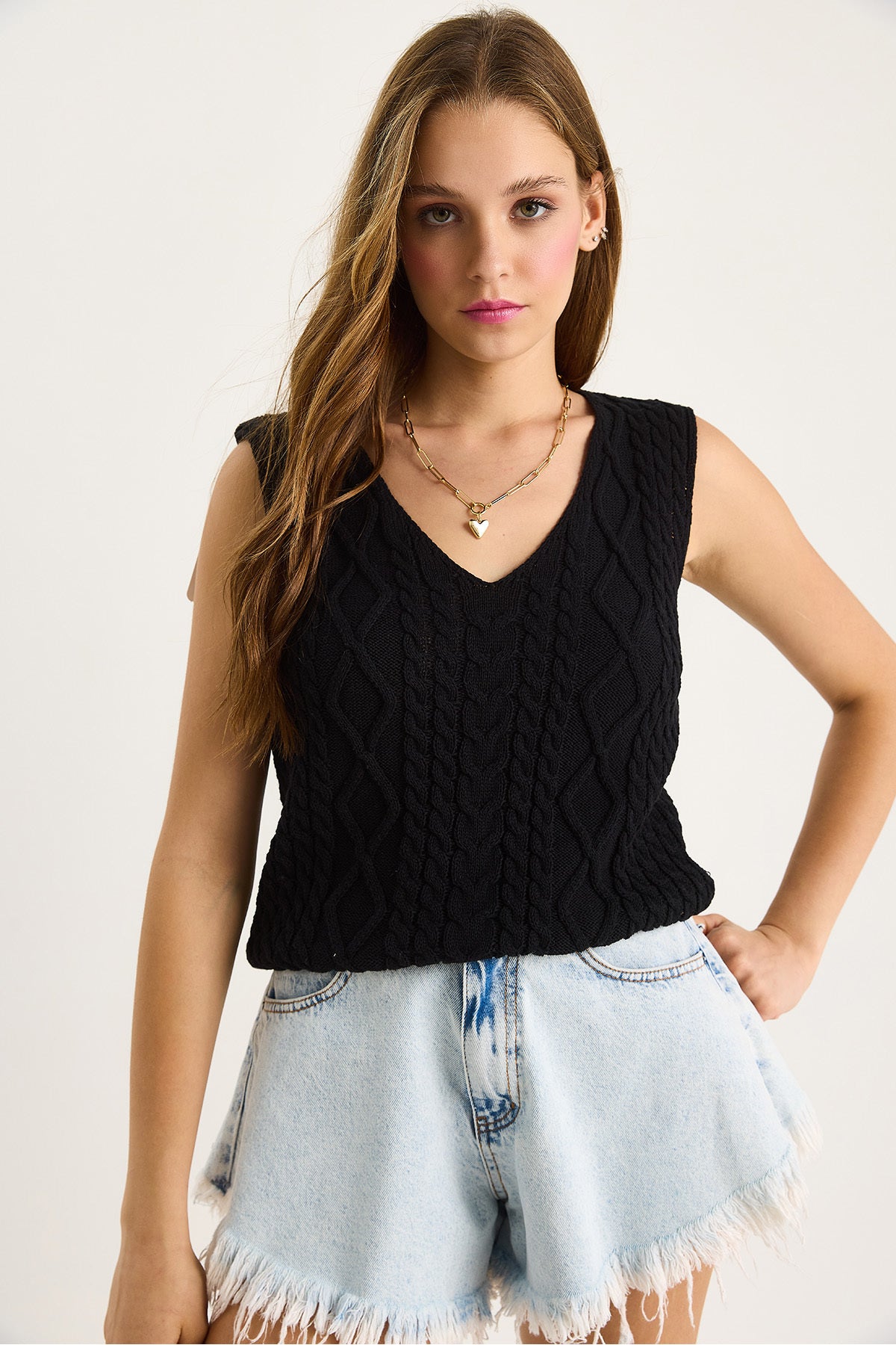 Women's V-Neck Knitted Detail Knitwear Strap Blouse 20258004