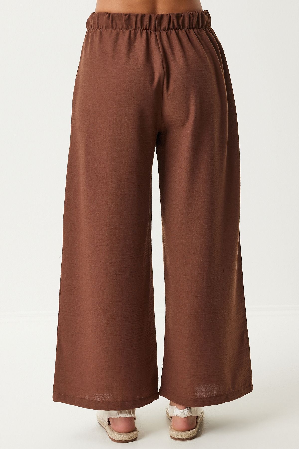 Female brown wide pocket linen mixed shirt pants set FN03205