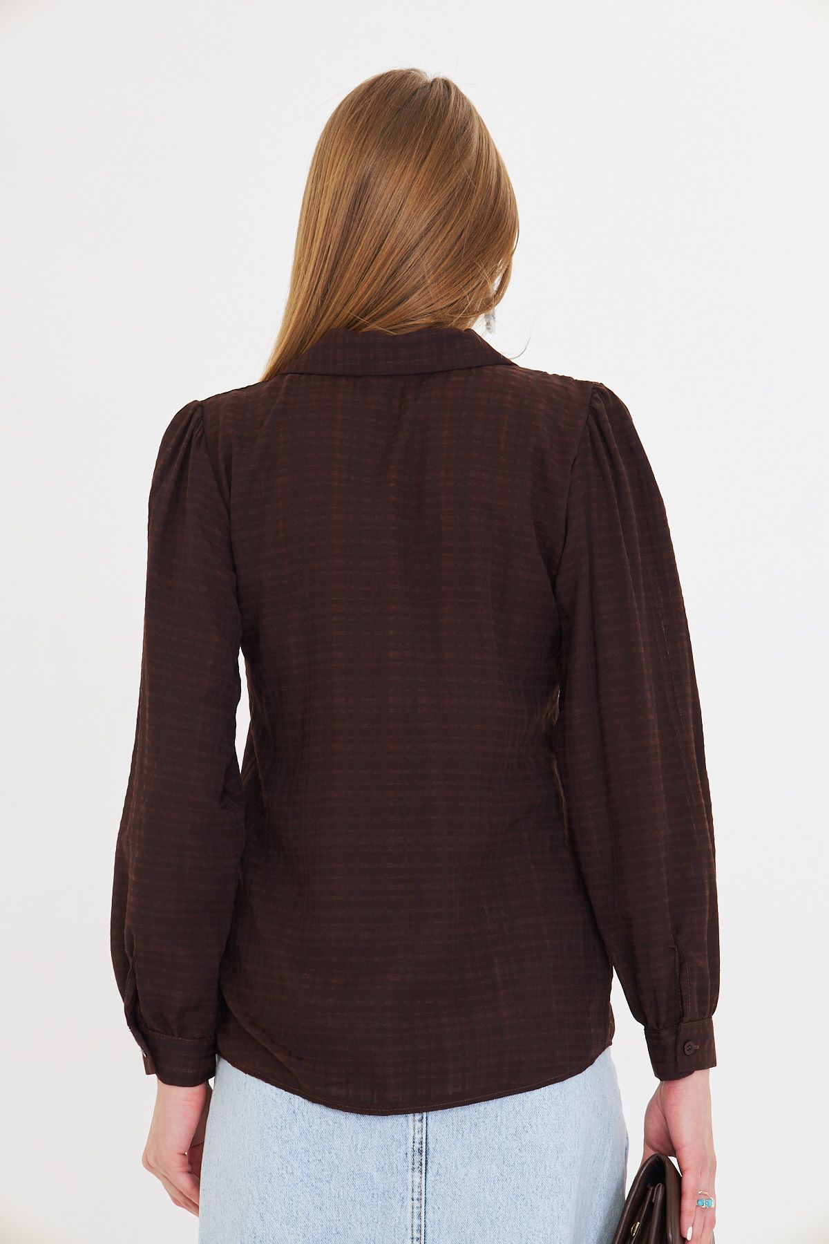 Female Coffee V-Yaka Balloon Arm Bürümcük Shirt ARM-25K001088