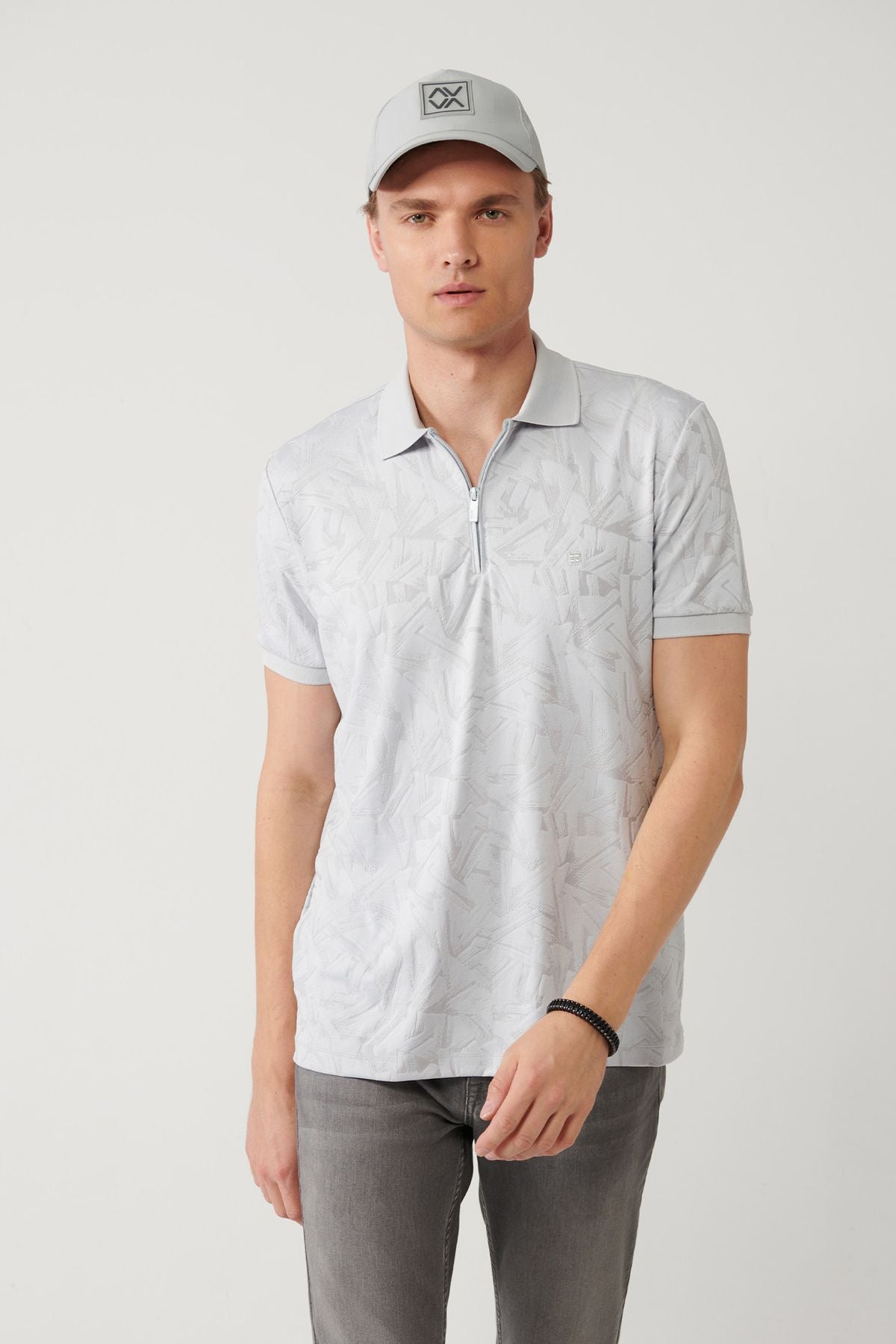 Men's gray zipper jacquard Polo collar T-shirt A41y1118