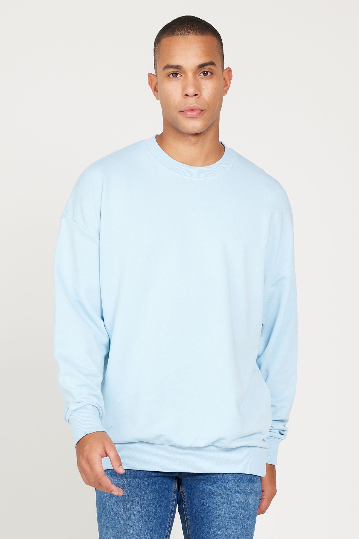 Men's Light Blue Oversize Plenty Cutting 3 IP Bicycle collar Cotton Sweatshirt