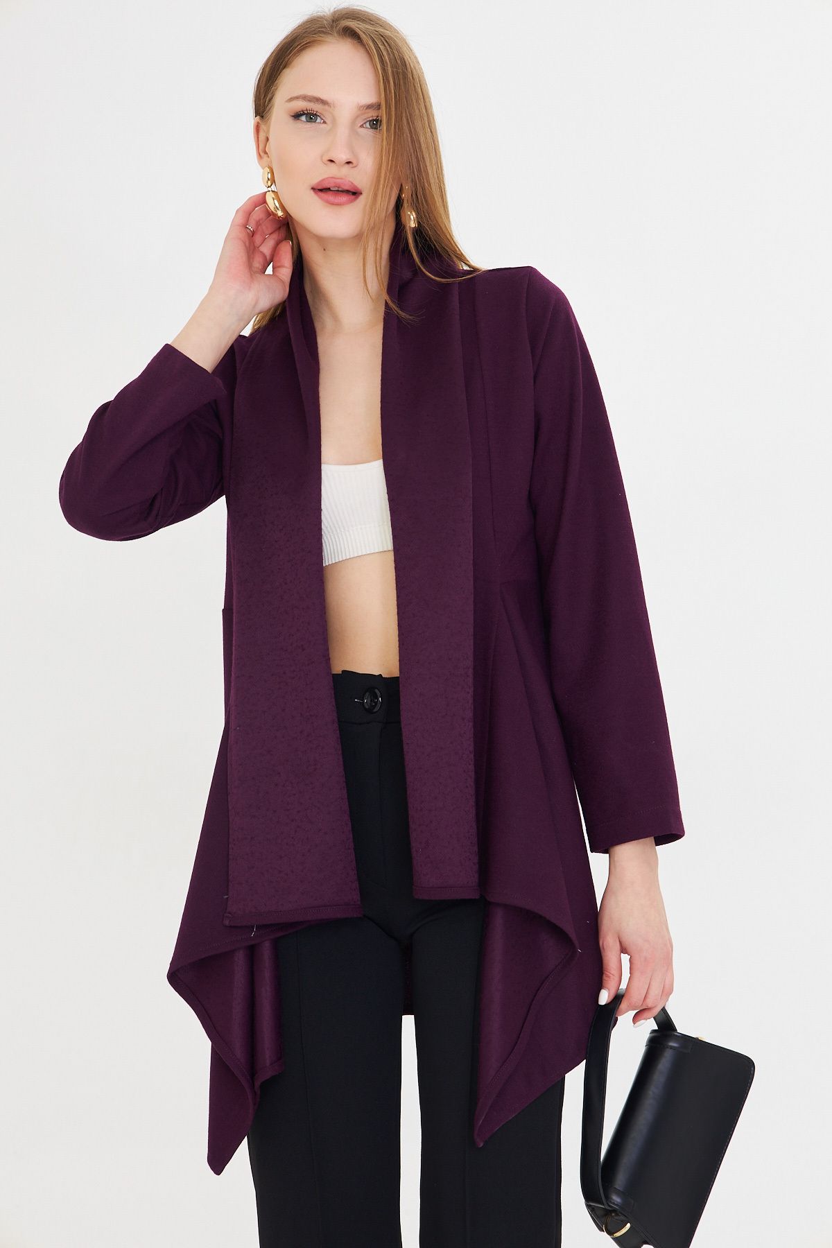Female purple shawl collar stamp shabby cardigan ARM-25K001116
