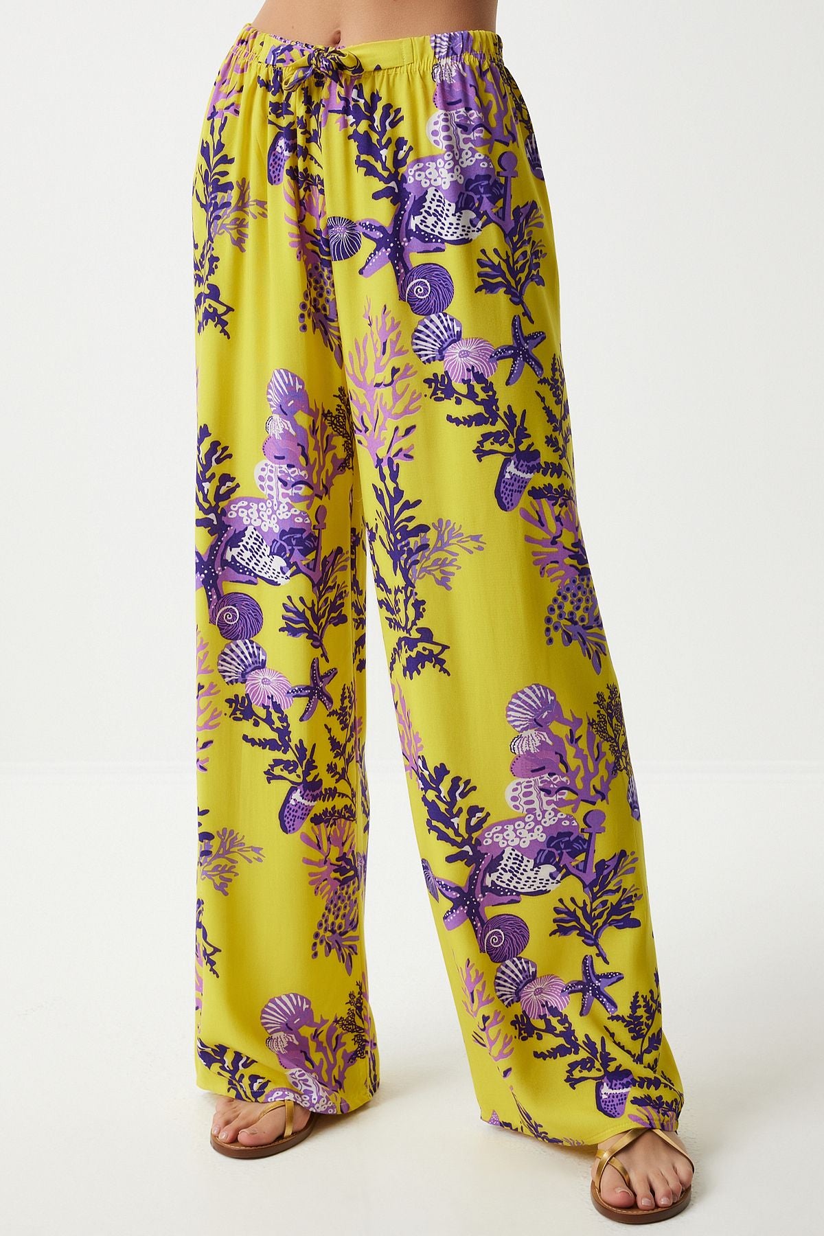Woman Yellow Purple Patterned Viscose Palazzo Pants EN00606