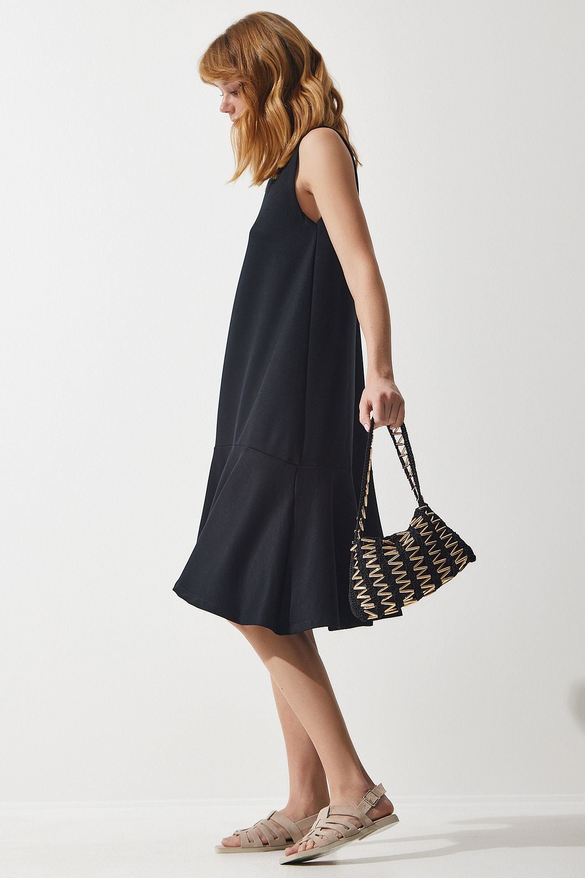 Female black bike collar knitted flyer bell dress BF00089