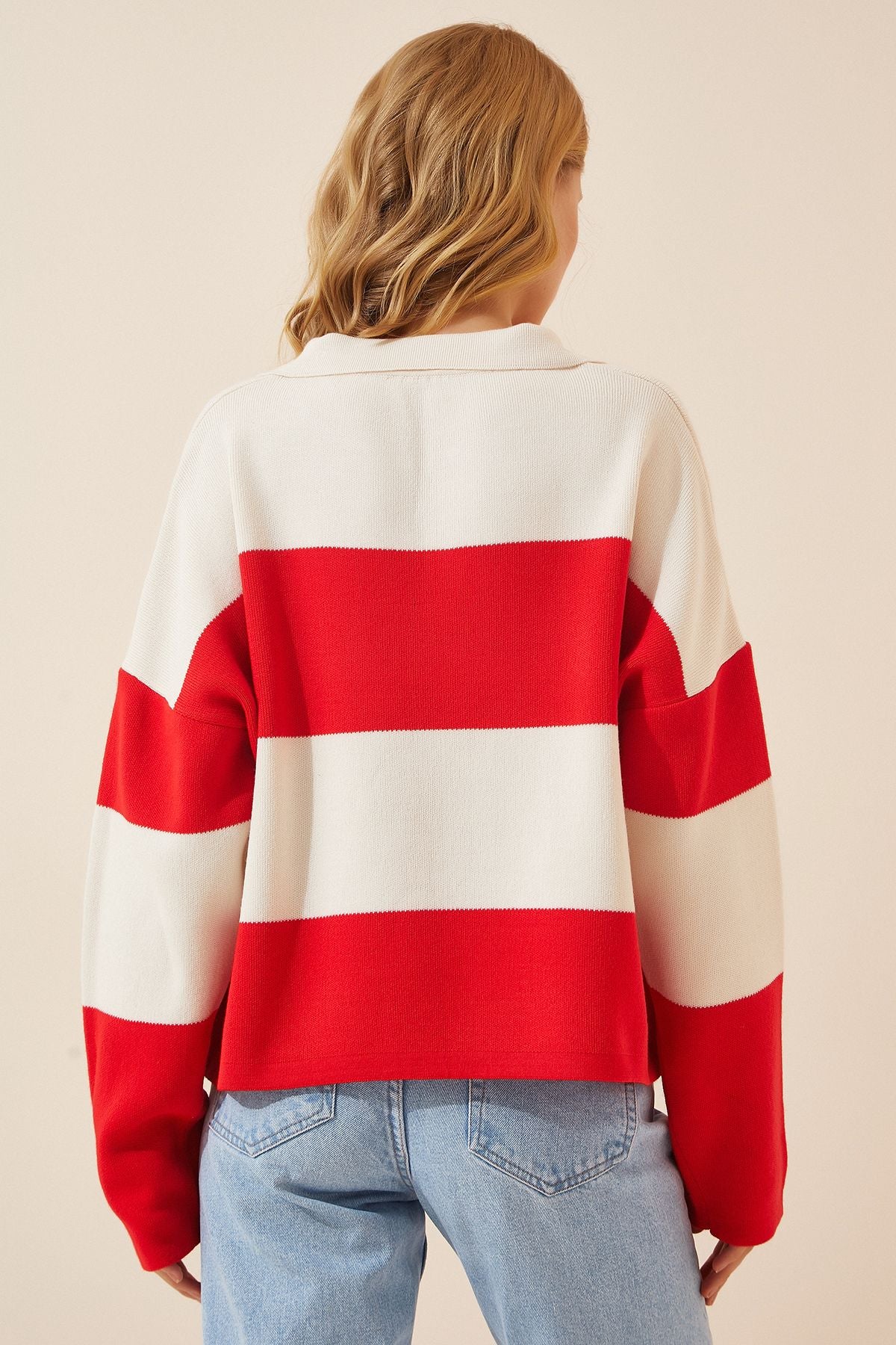 Woman Red White Polo Yaka Oversize Crop Knitwear sweater US00685