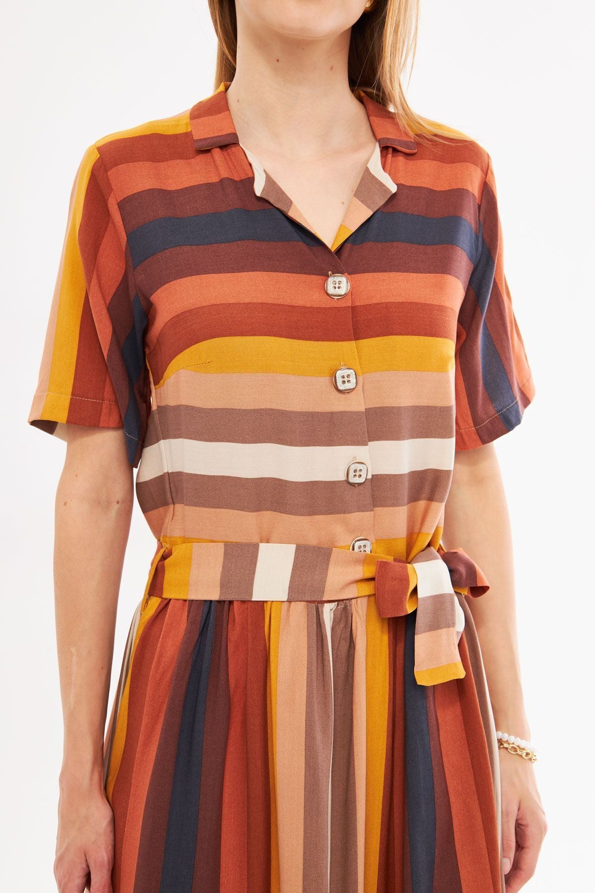 Female colorful front buttoned waist shirred belt midi size dress ARM-24Y001068