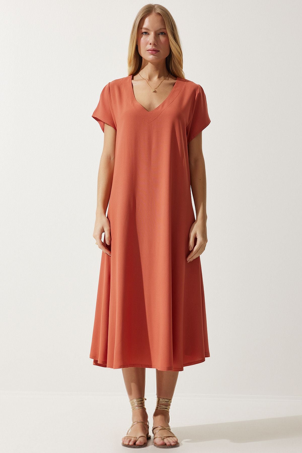 Woman Oranj V -Neck Summer Casting Viscose Dress EN00612