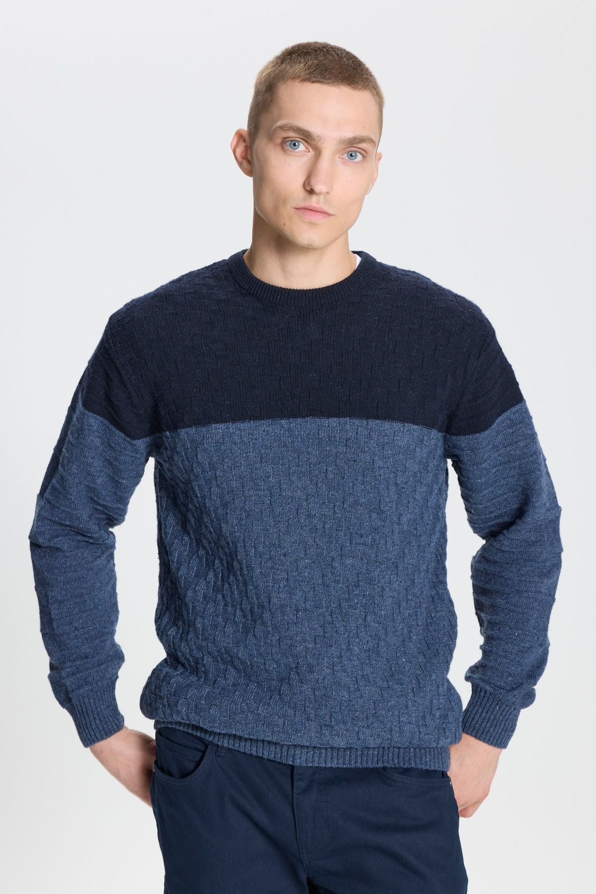 Men's Saks-Havacı Blue Standard Fit Normal Cut Normal Cycling Bicycle Patterned Wool Knitwear Sweater