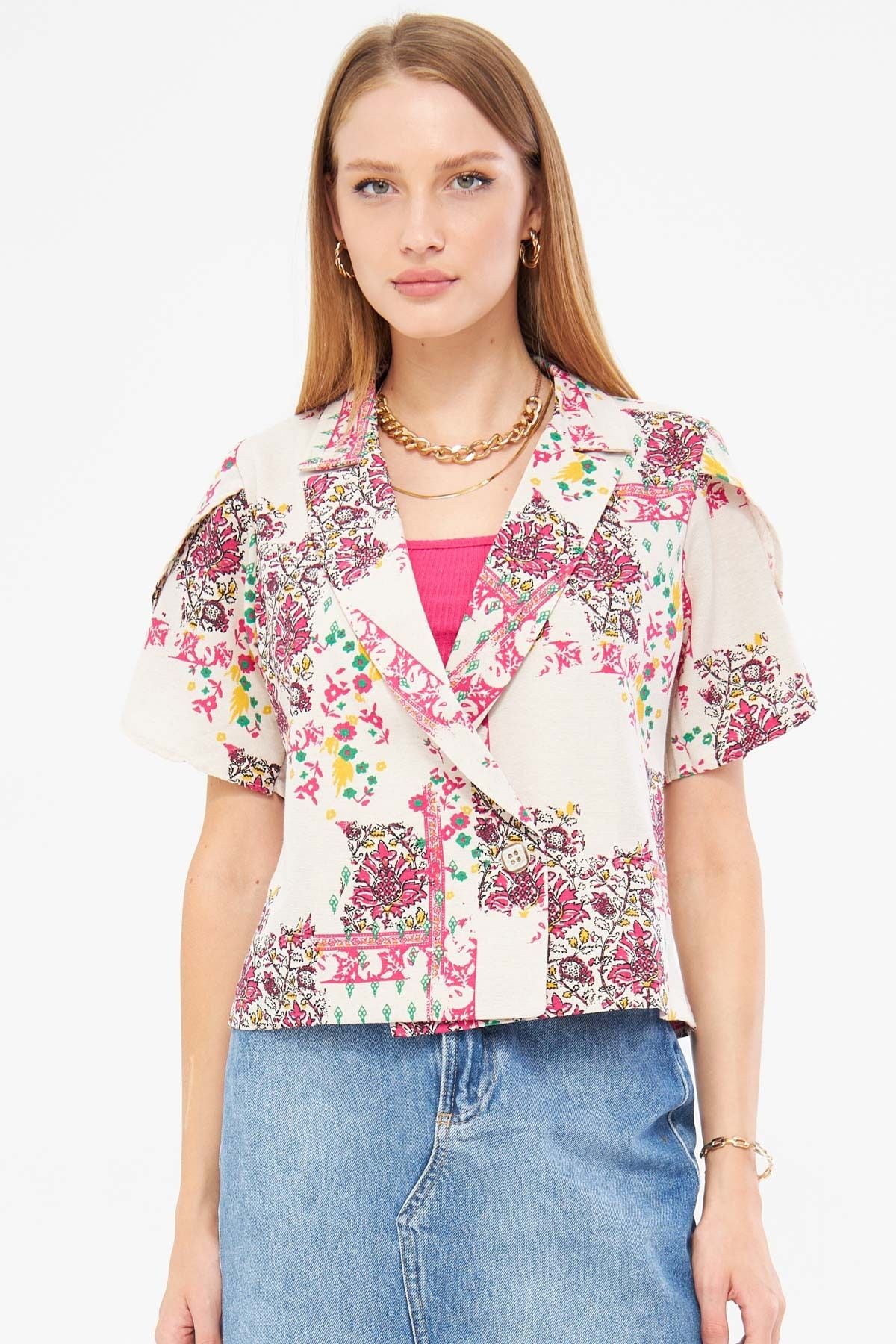 Women's Fuchsia-Green Linen-Looking Patterned Lever Slit Crop Short Sleeve Jacket ARM-24Y001095