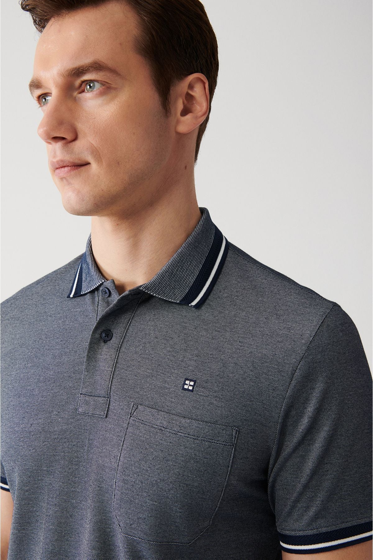 Men's Navy Blind Curlled Neck Pocket 2 Button Polo Yaka T-Shirt E001031