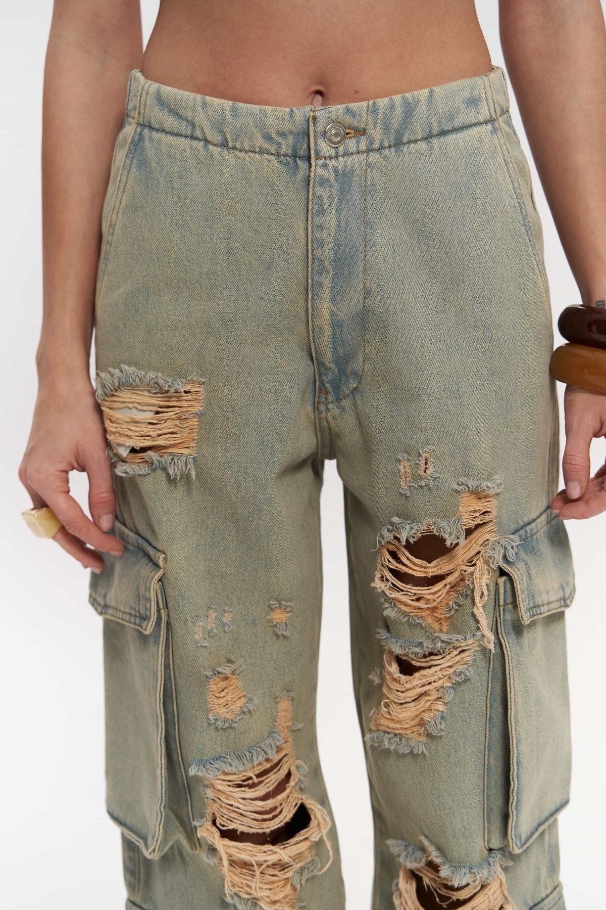 Dries Dirty Gray Torn Detail Cargo Jean Pants