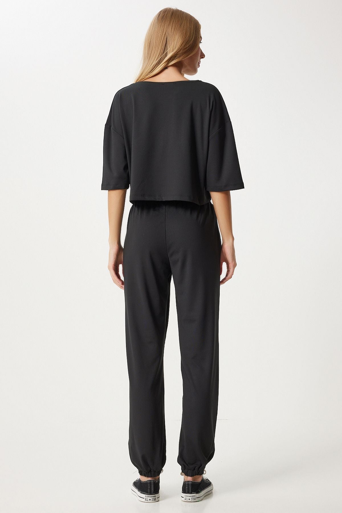 Female Black Crop T-Shirt Jogger Lower Knitting Tracksuit Set FN03316