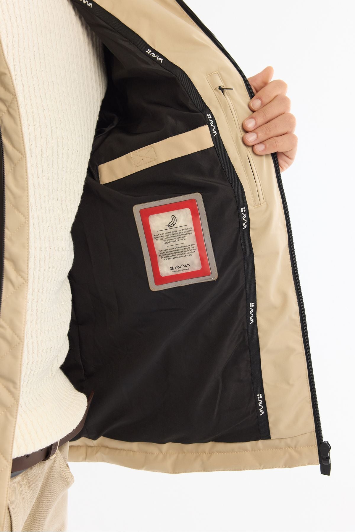 Men's Beige Hooded Water Repulsive Windproof Goose Feathery Swelling Mont A42y6010