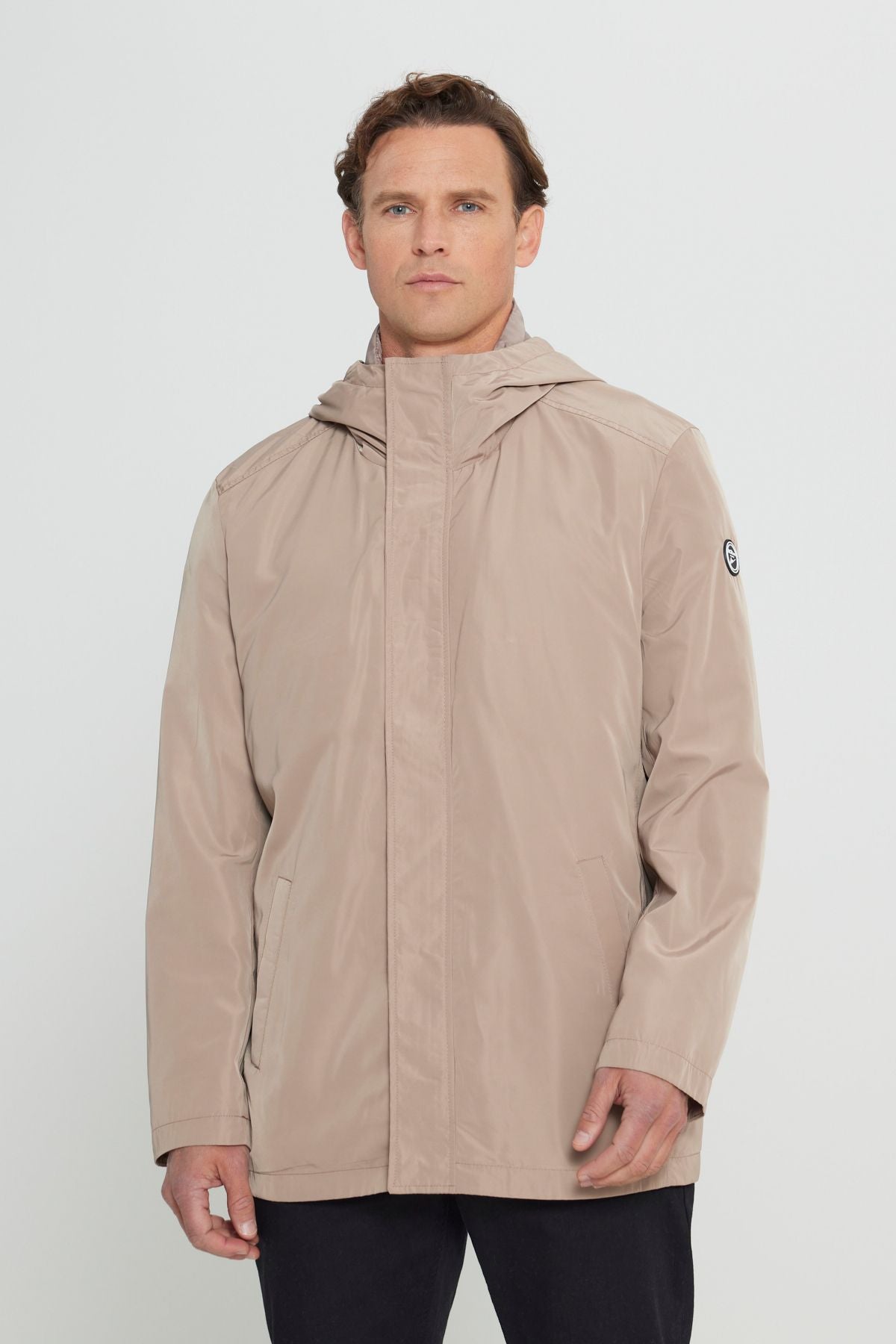 Men's mink standard fit normal cut windproof hooded upright collar coat trench coat