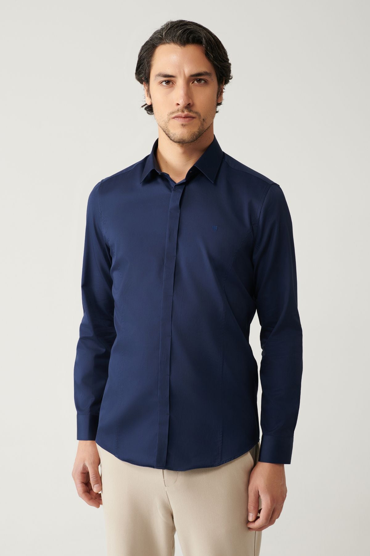 Men's Navy 100 %Cotton Classic Collar Satin Shirt B002002