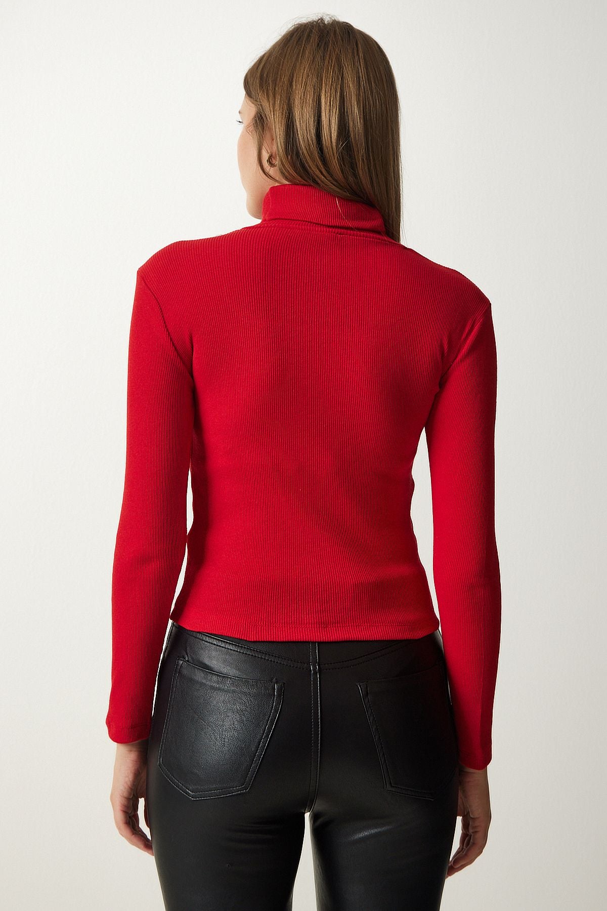 Woman Red Cut Out Detailed Fisherman Collar Vumor Knitting Blouse GT00228