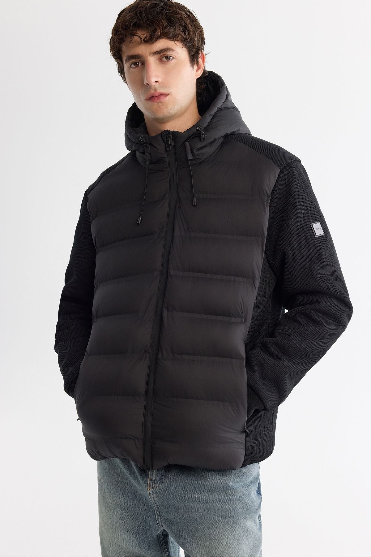 Men's black hooded water repulsive windproof coat A42y6155