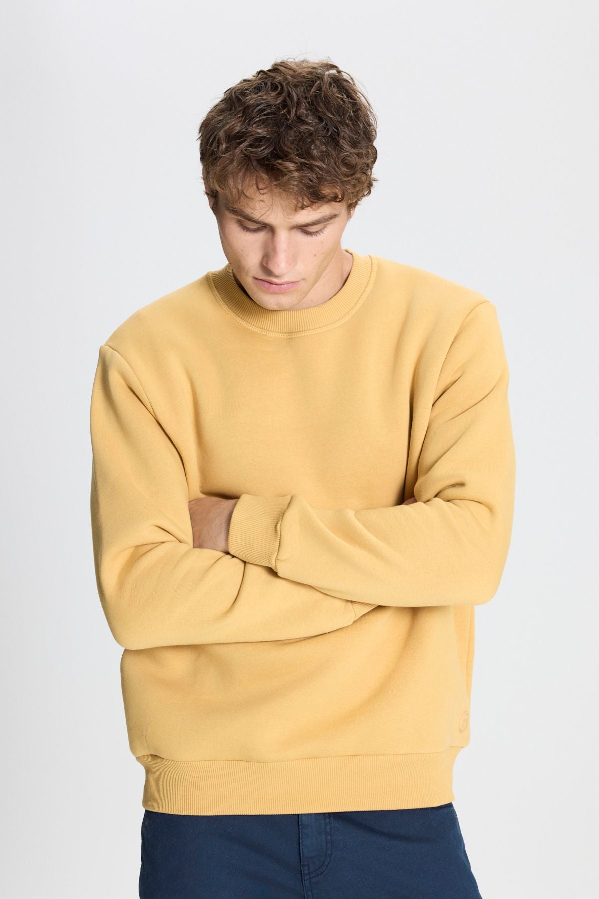 Erkek Hardal Standart Fit Normal Kesim Içi Polarlı 3 Iplik Bisiklet Yaka Pamuklu Sweatshirt