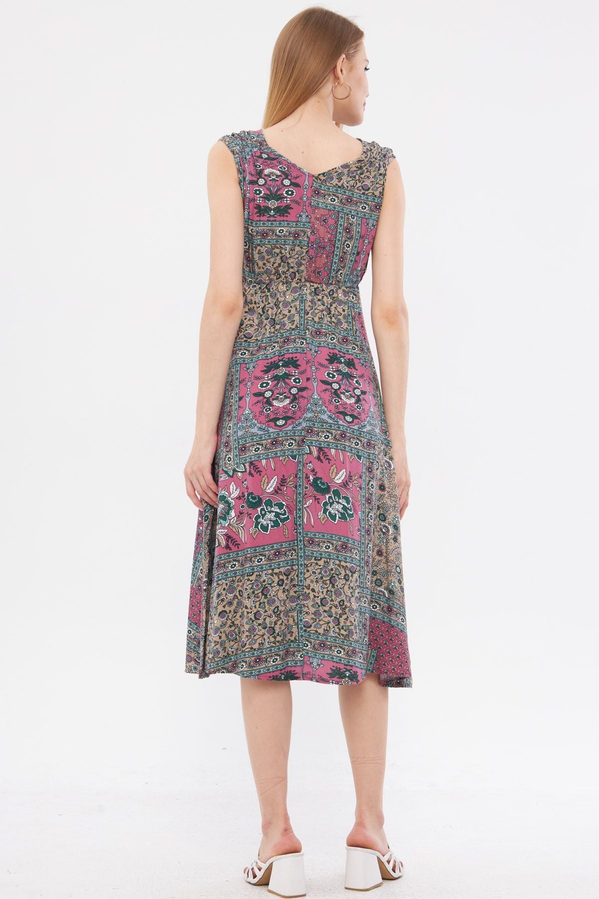 Female mink patterned waist and shoulder tire-cruve collar midi size dress ARM-24Y001052