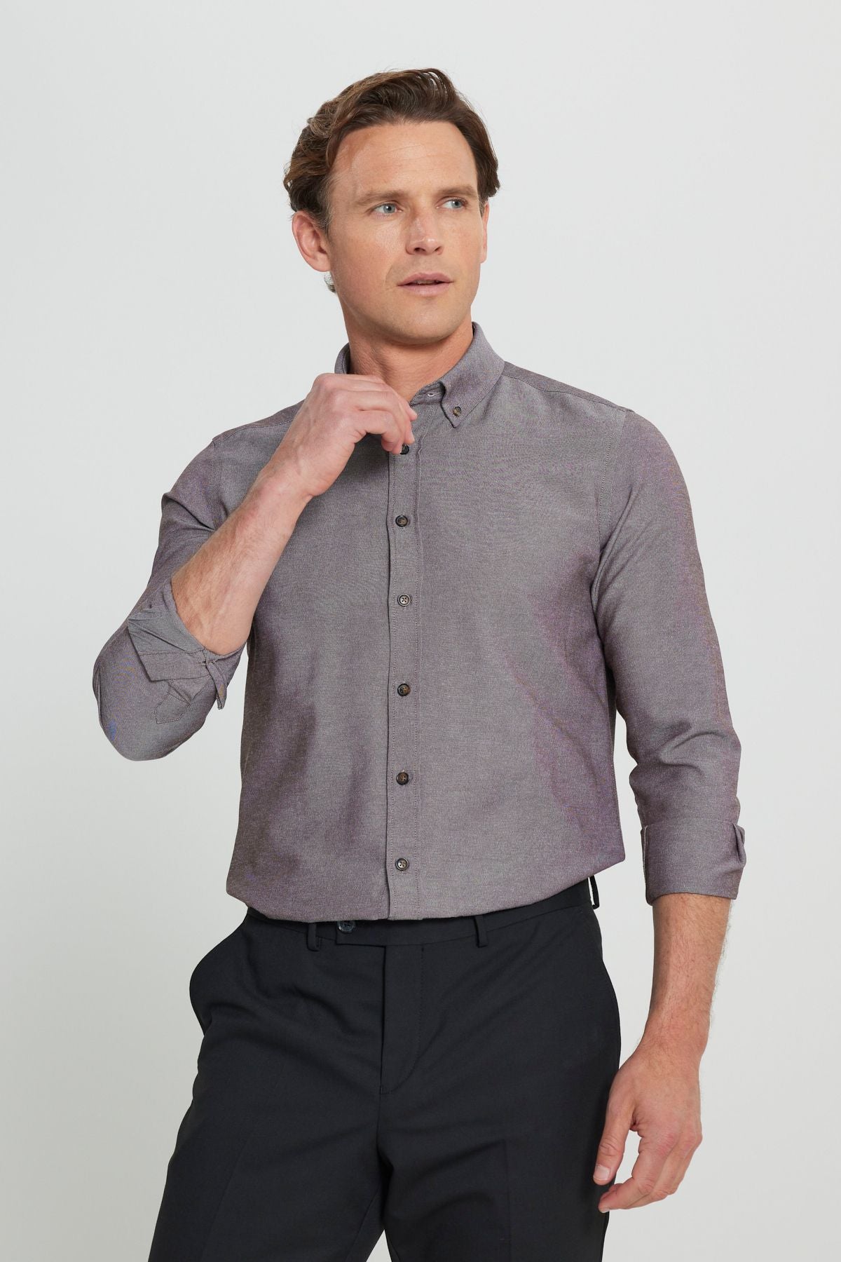 Men's Oxford Brown button collar easily ironed cotton slim fit narrow cut shirt