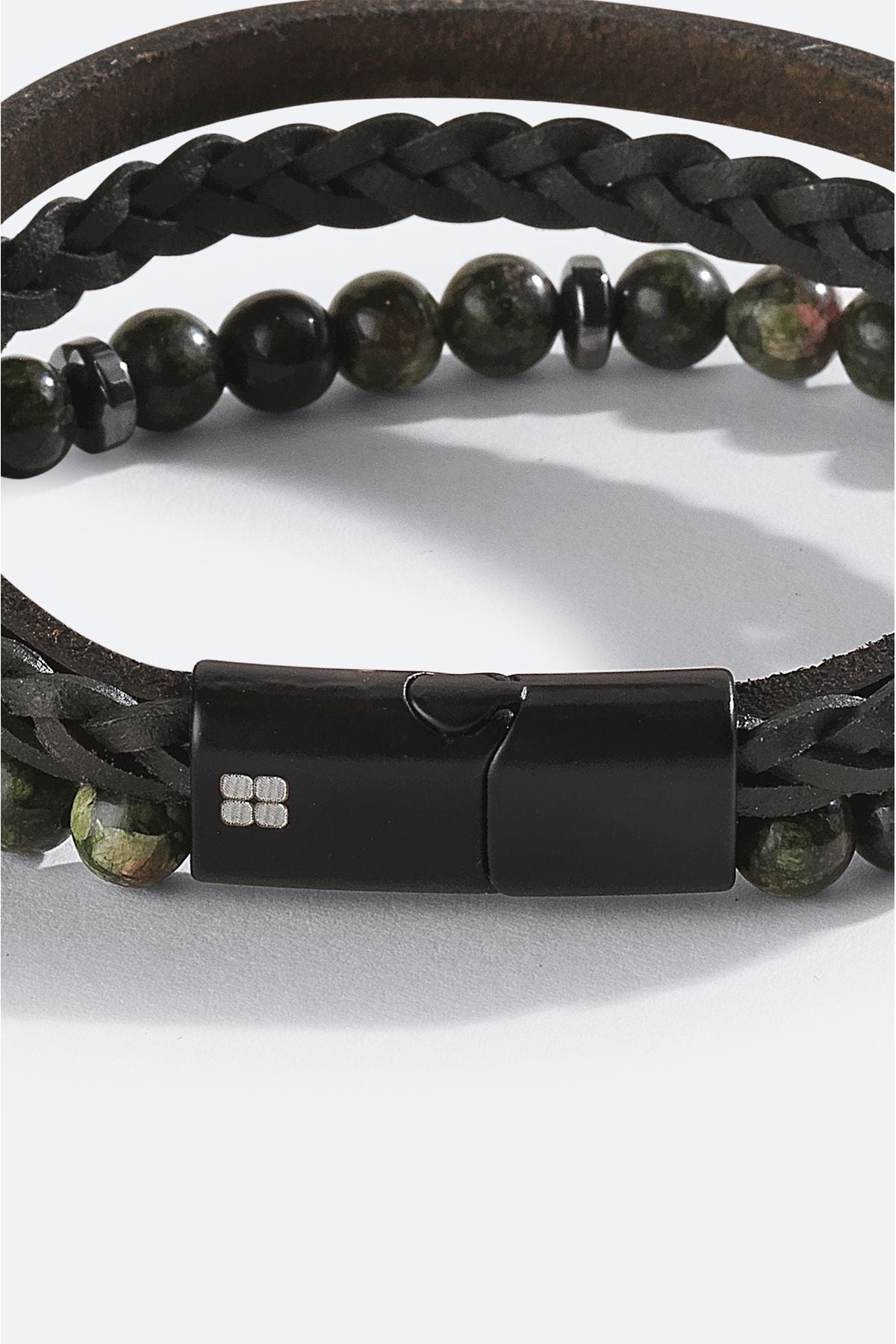Male Khaki Leather Ceyt and Hematitis Stone Bracelet A42y9614