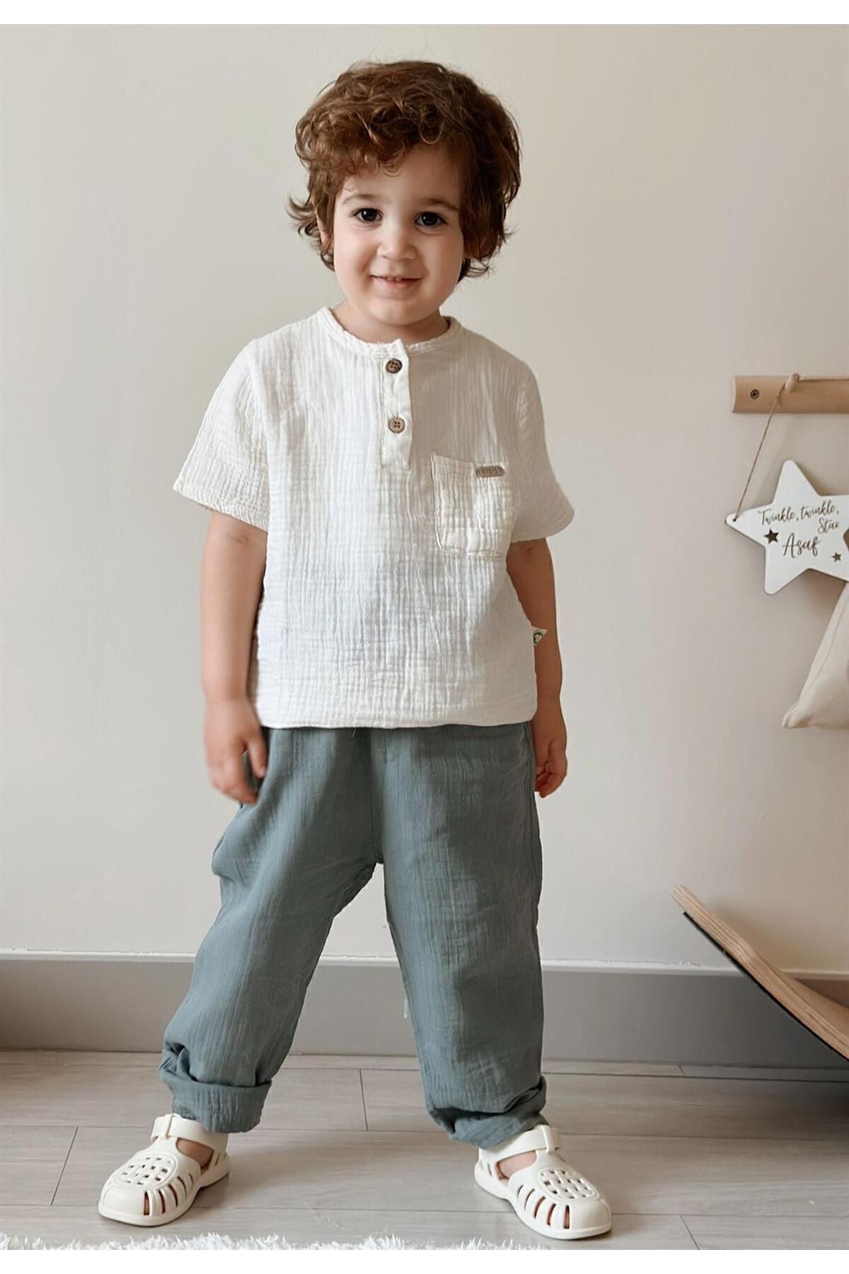 Organic Muslin Bohemian shirt team 2-7 years old cream-tag green