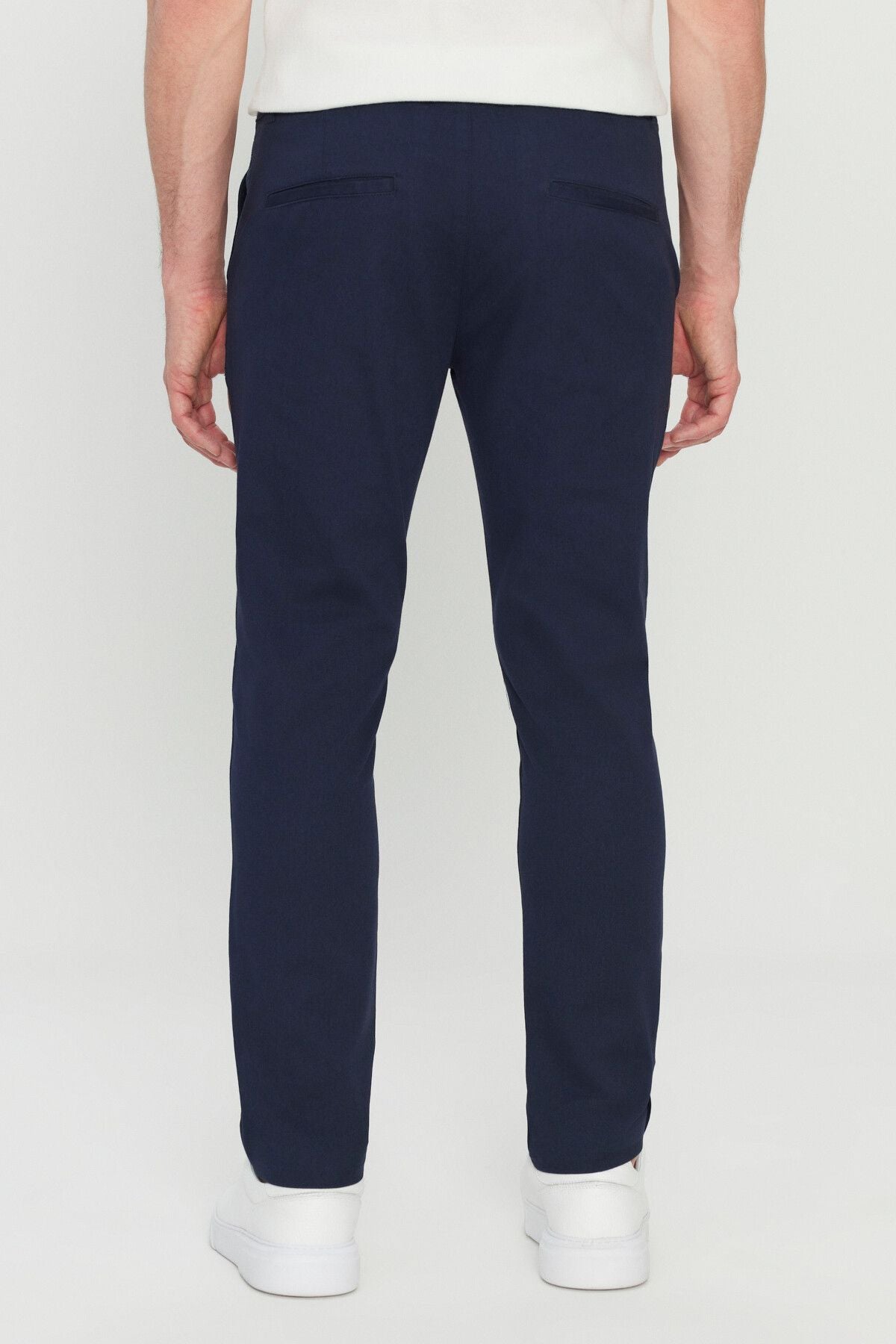 Men's navy blue cotton slim fit narrow cut side pocket flexible casual pants