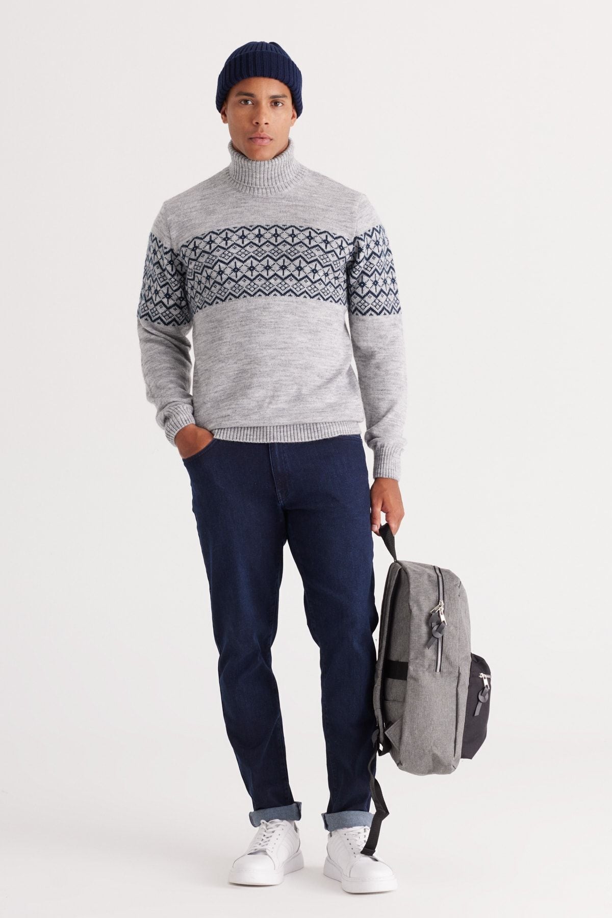 Men's Gray Melanj-Lacivert Standard Fit Normal Cut Fisherman Neck Zigzag Patterned Knitwear Sweater