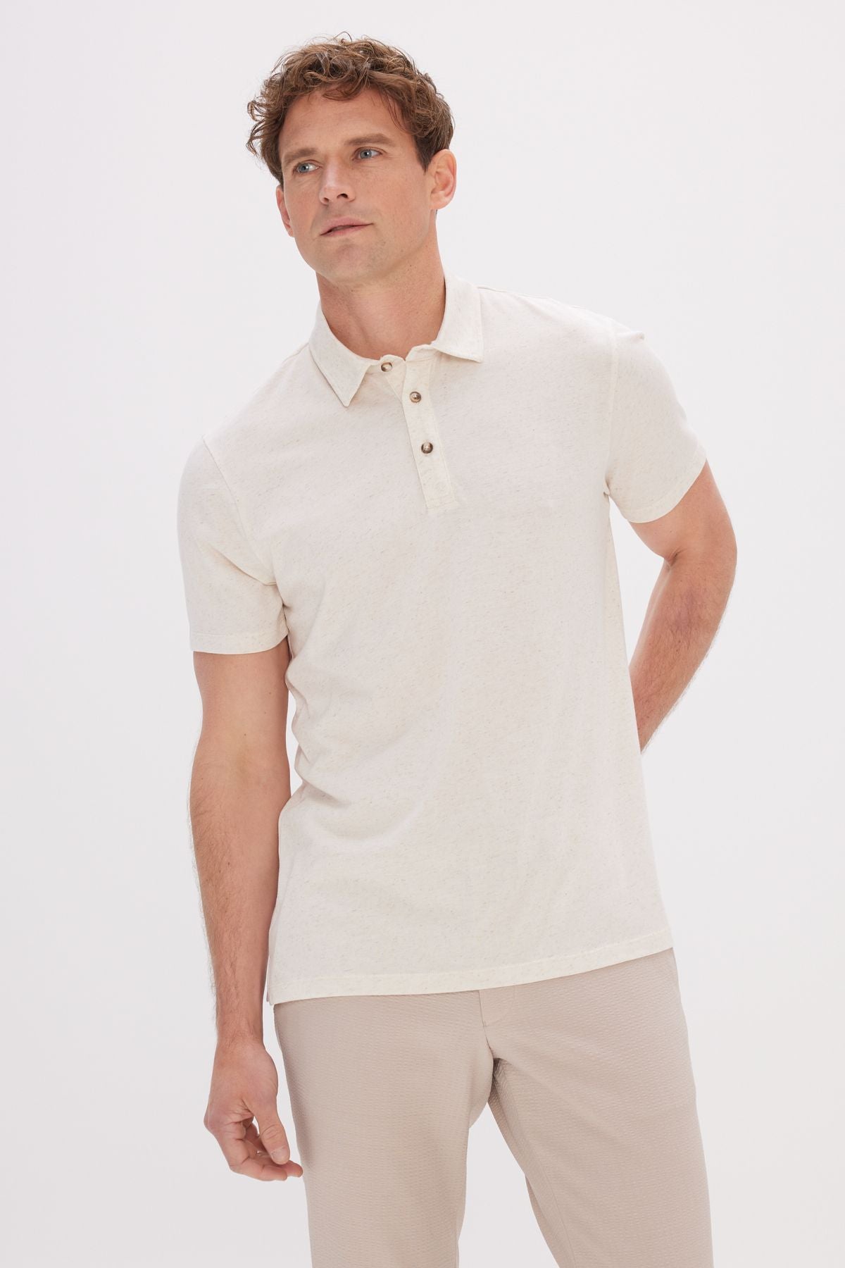 Men's beige melanj Slim fit narrow cut polo collar cotton t -shirt