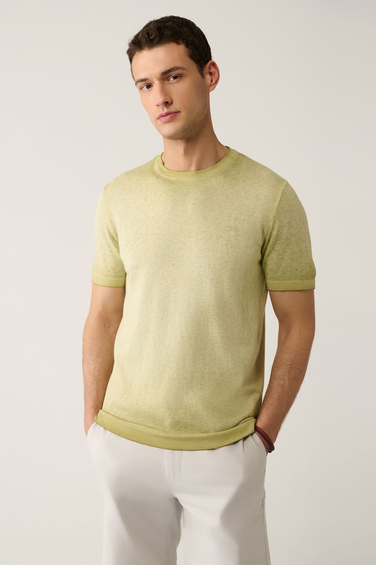 Men's Open Khaki Bicycle Collar Paint Effective knitwear T-shirt A41y5115