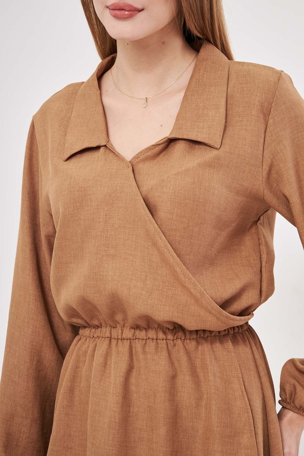 Female Camel Shirt collar Cruve waist and handle rubber dress with rubber dress ARM-25K001047