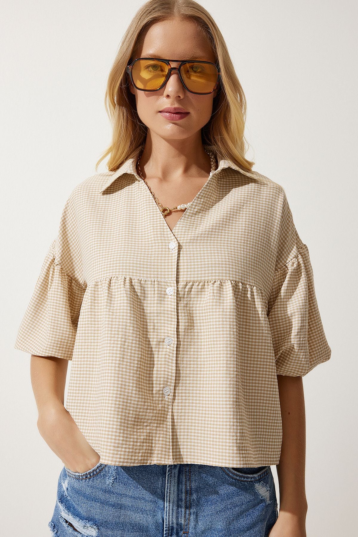 Women's Beige Balloon Sleeve Pötikare Woven Shirt RG00013