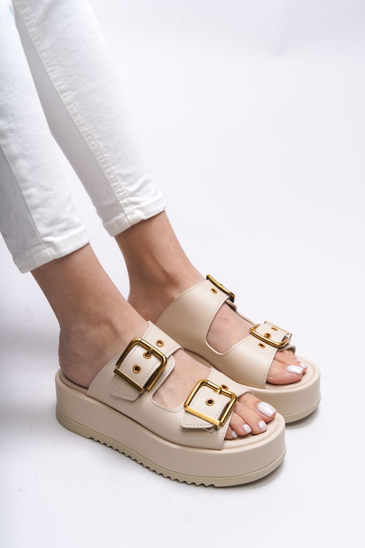 Winledha Woman Double Buckle Slipper 001278 beige skin