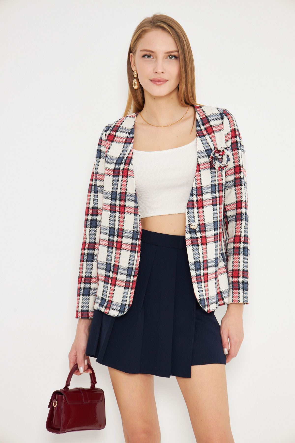 Women's Red V-Neck collar brooch detailed plaid jacket ARM-25K001033