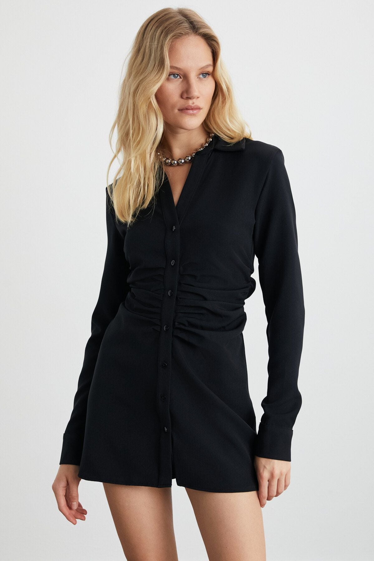 Rhea Woman Woven Crepe Fabric Shirt Dress Style Drape Black Dress