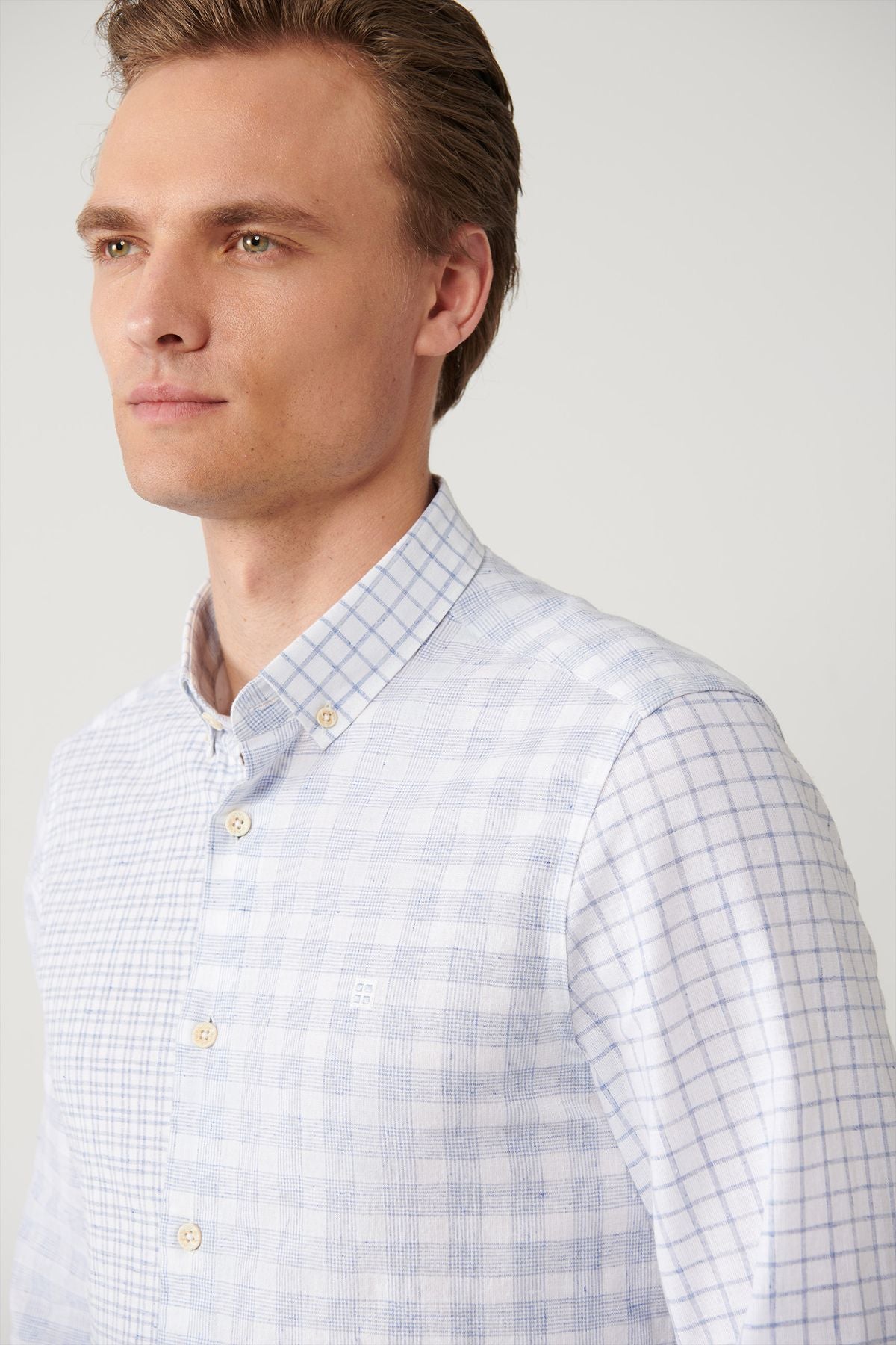 Men's blue plaid fragmented linen mixed shirt A41y2052