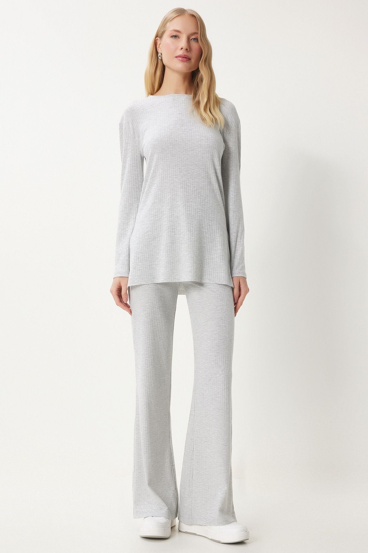 Woman Light Gray Casual Wick Knitting Blouse Pants Set OW00054