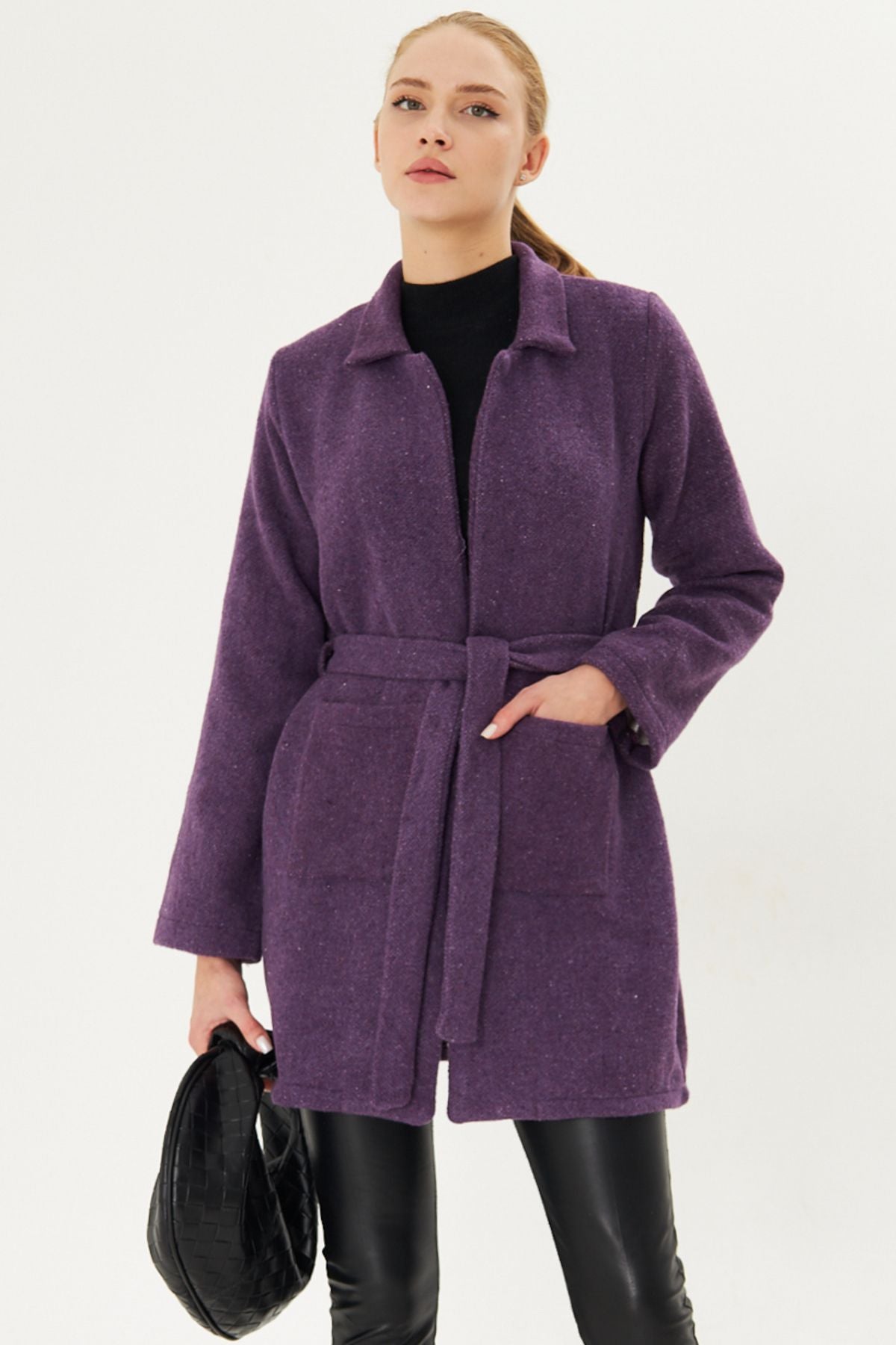 Female purple men's collar pocket belt coat Arm-25k001053