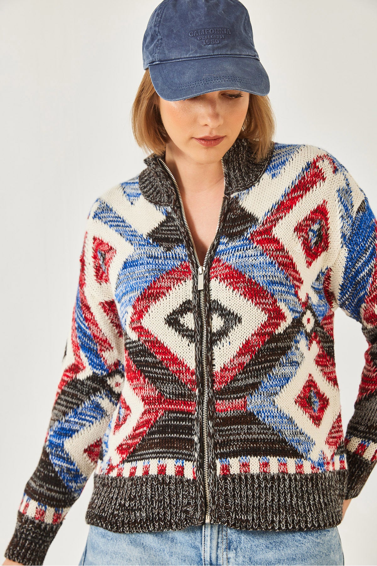 Women's Zippered Patterned Knitwear Cardigan 20246951