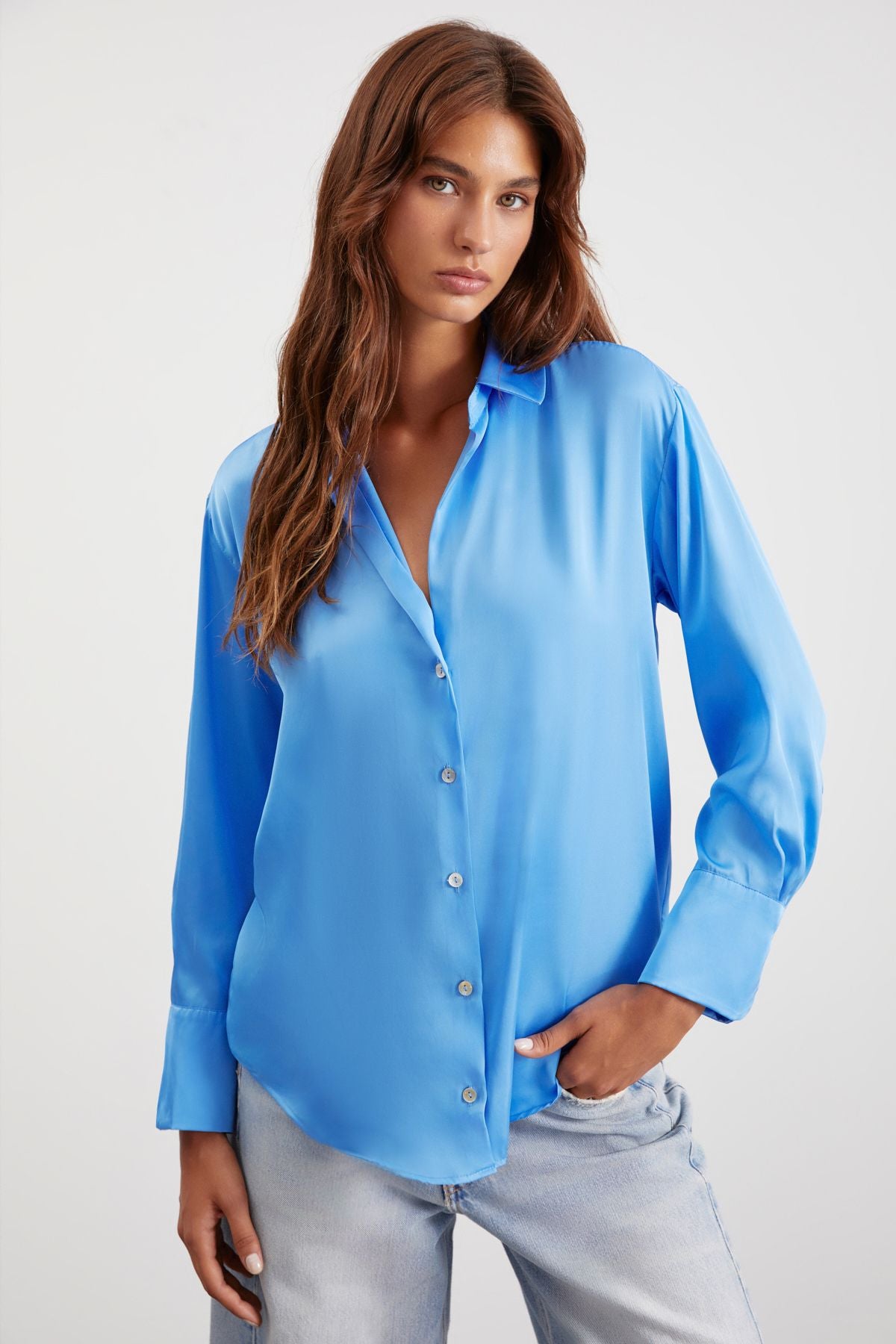 Sheıla Women's Premium Satin Woven Relaxed Fit Casual Cut Long Arm Pocket Blue Shirt