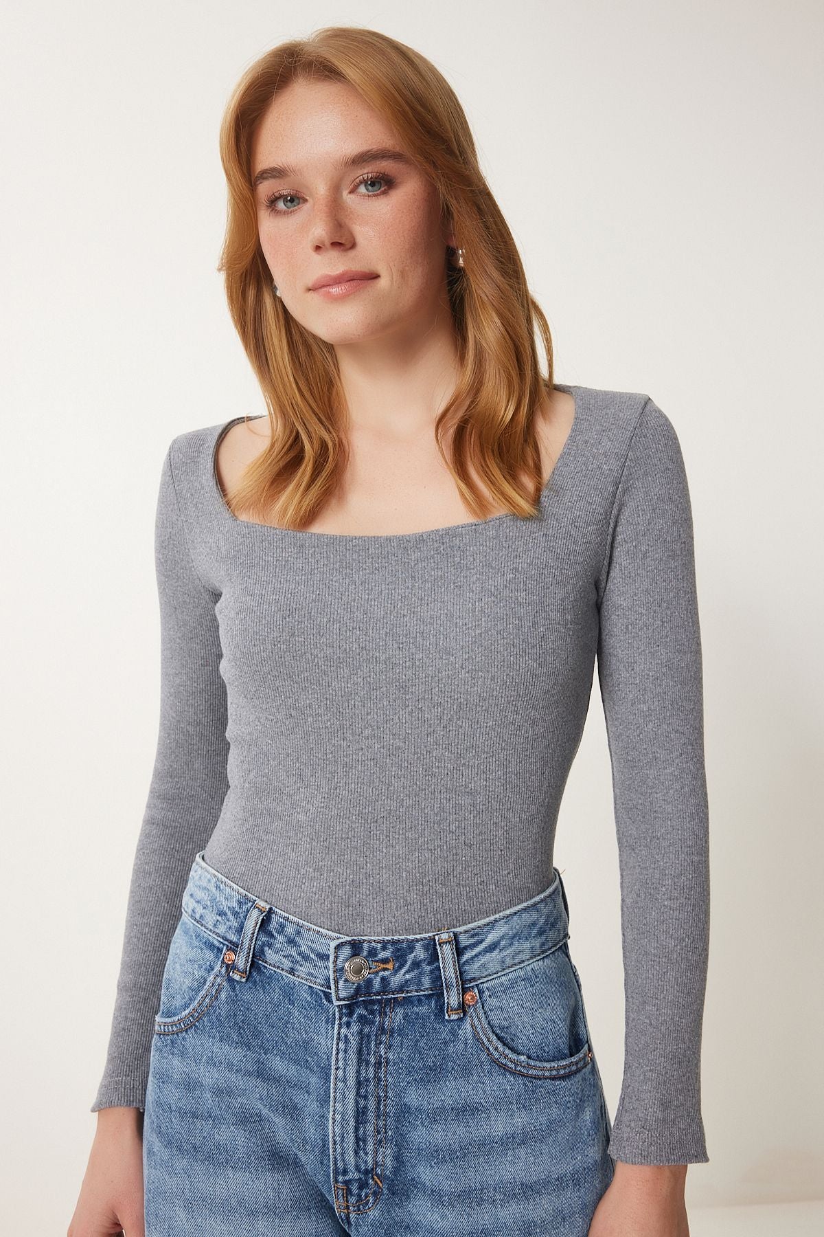 Women's Gray Square Collar Vumor Knitting Blux GT00052