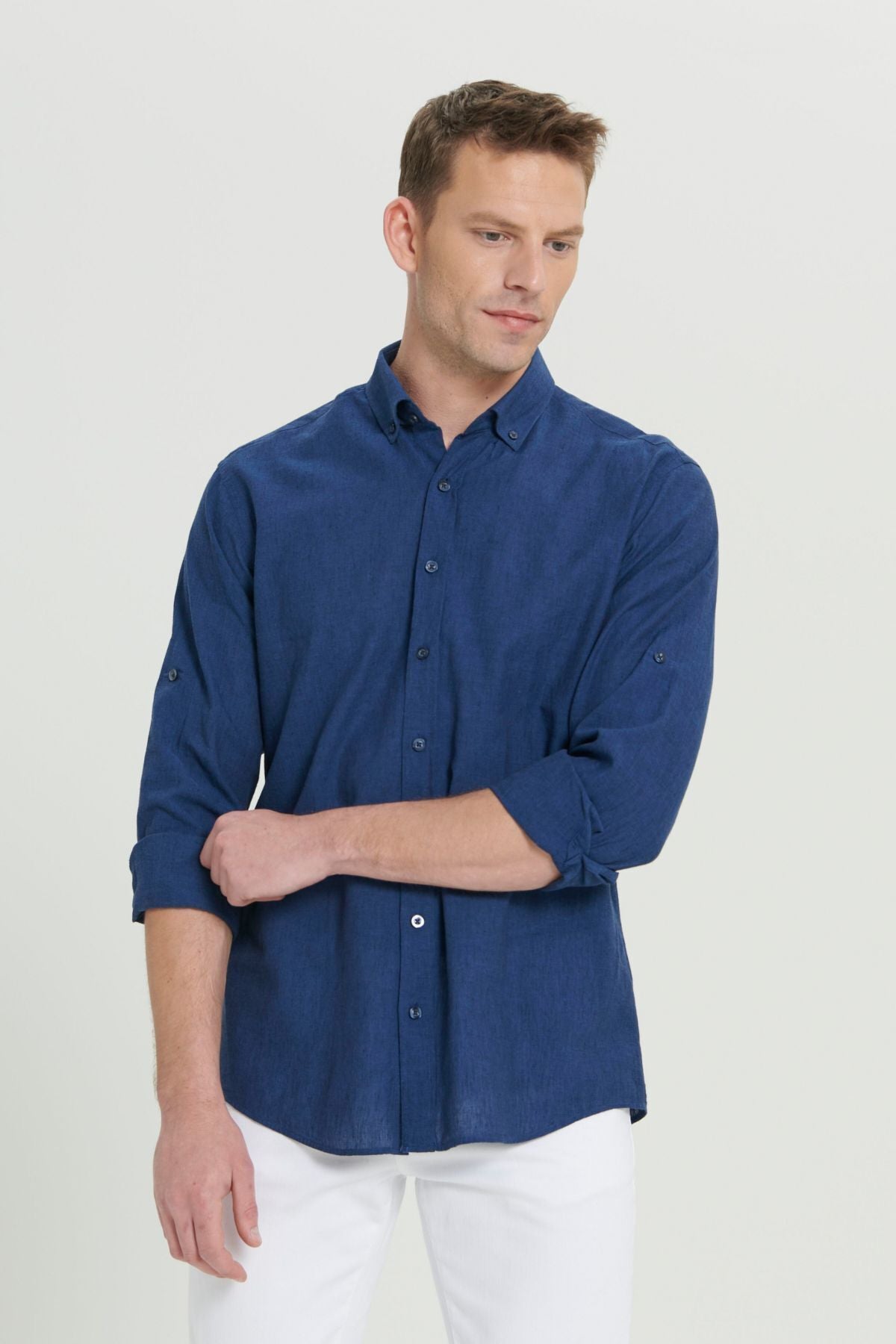 Men's Indigo Kenen Comfort Fit Casual Cutting Buttoned Neck Casual Shirt