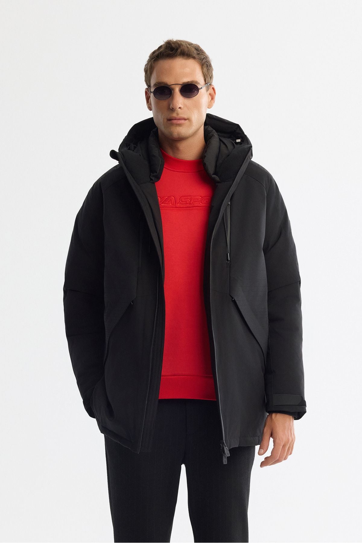 Men's black hooded water -driven windproof goose feather coat A42y6044