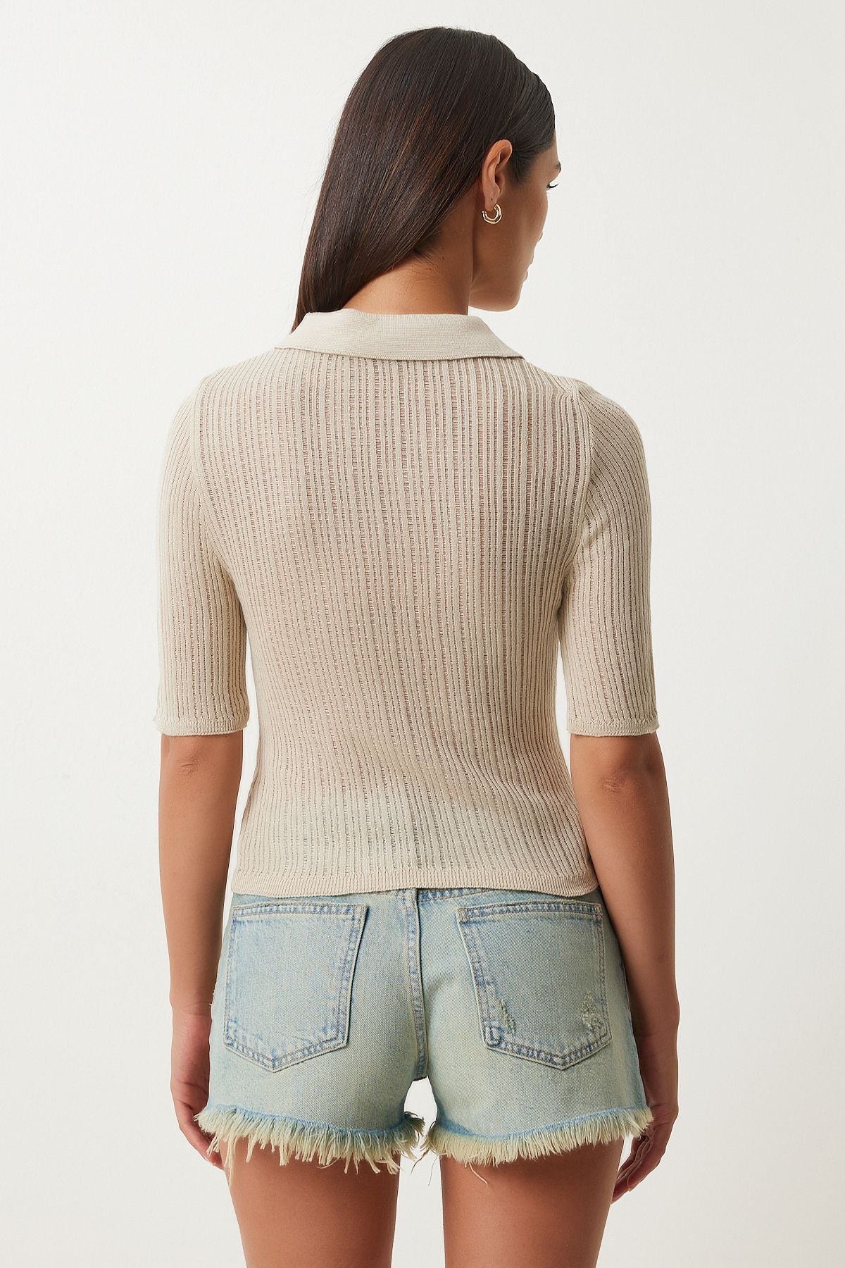 Female Biscuit Polo Yaka Light Transparent Knitwear Blouse FN03211