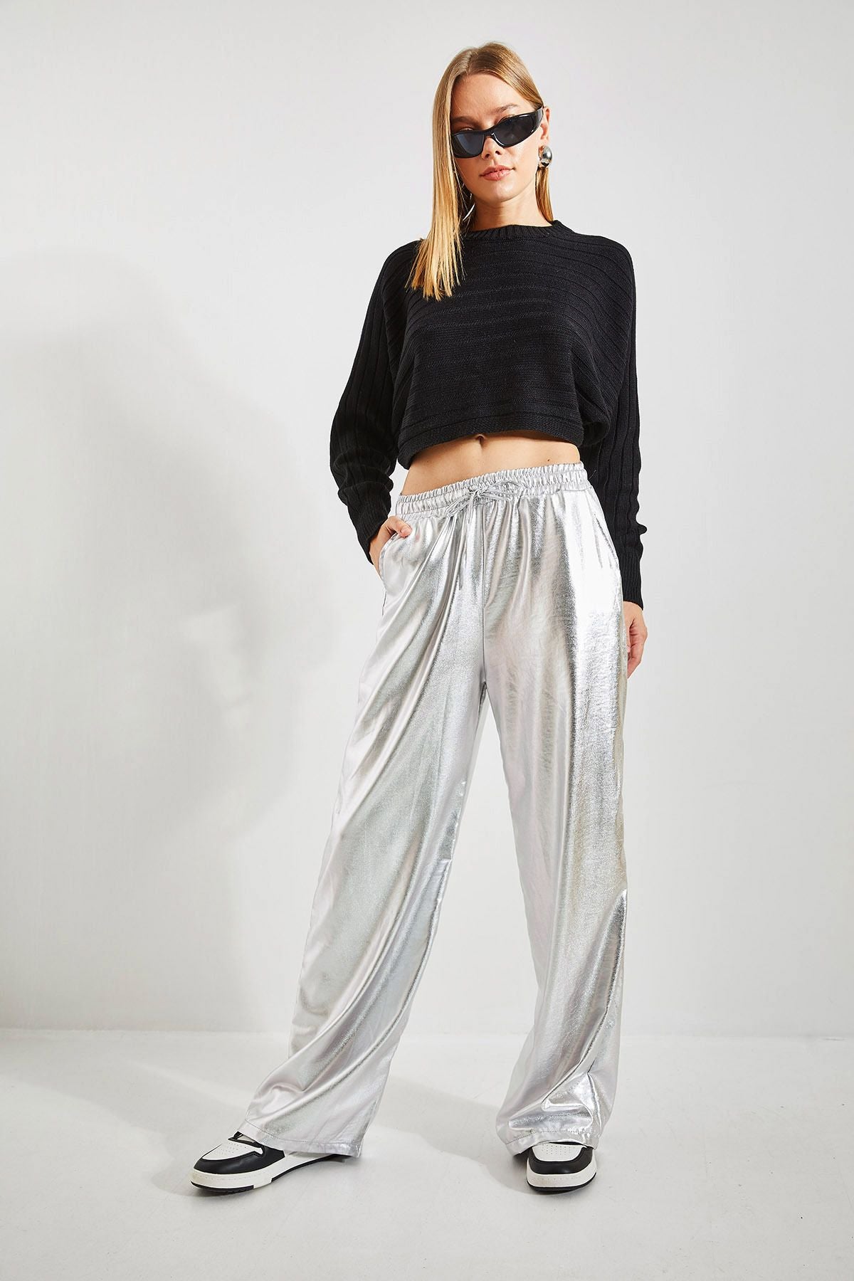 Women's waist rubber palazzo metallic coated pants