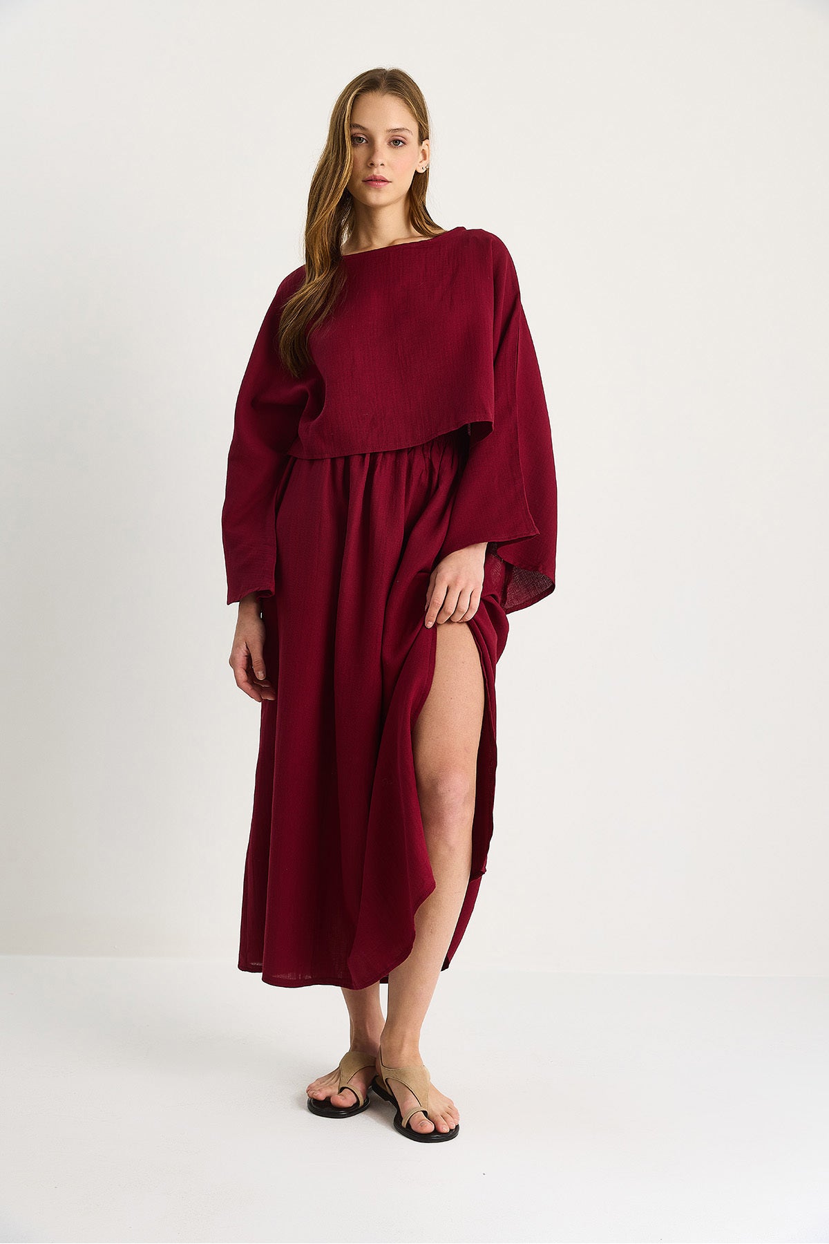 Women's Bat Sleeve Crop Slit Detail Skirt Muslin Suit 9280-1 60283504