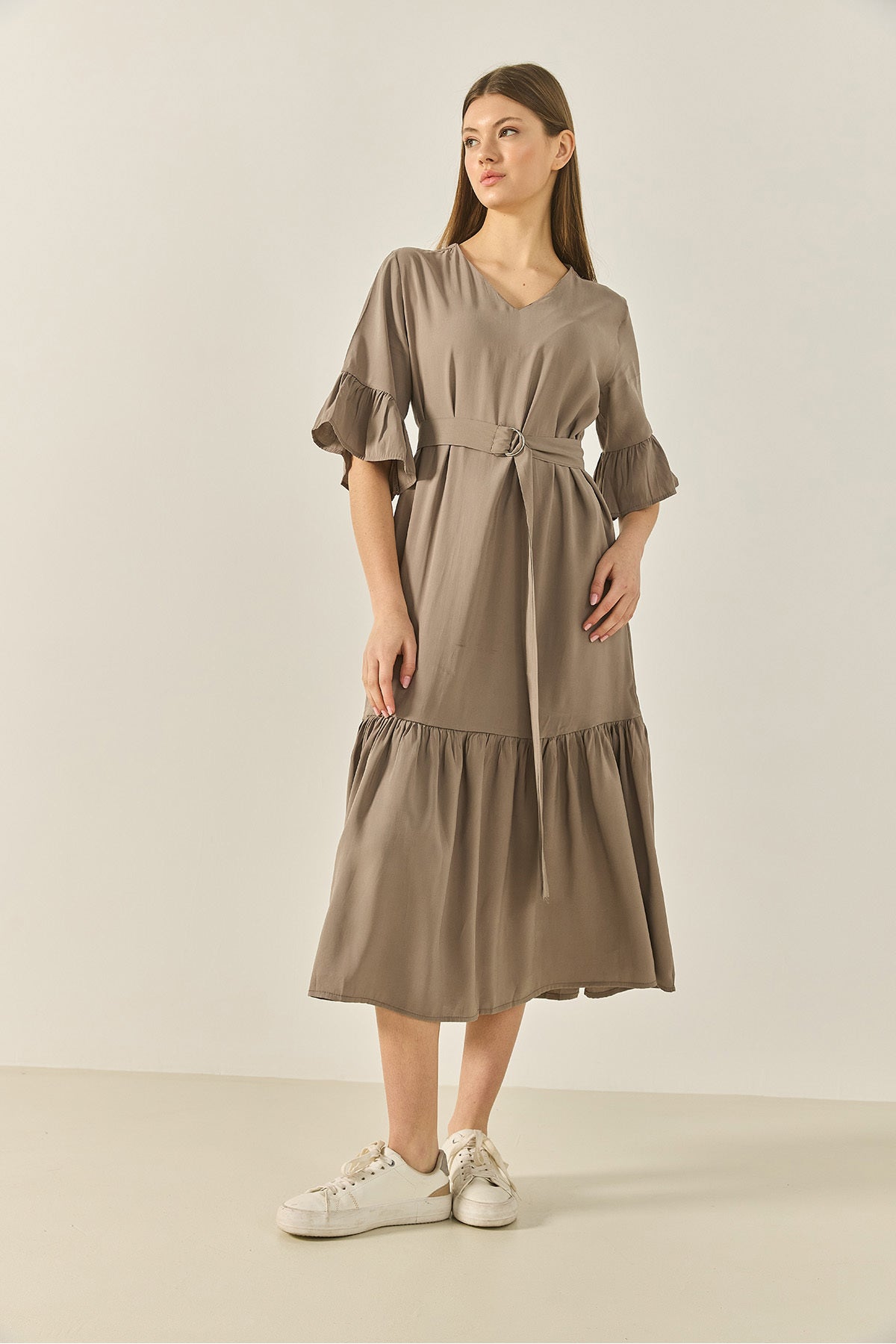 Women's V-Neck Pocket Belted Skirt Flounce Detailed Casual Dress 8406 60283256