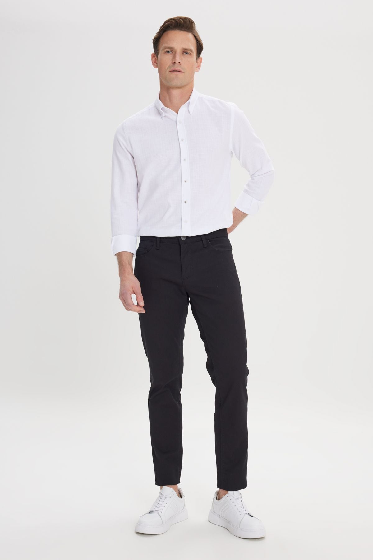 Men's black slim fit narrow cut 5 pocket Amelor Flexible Pants